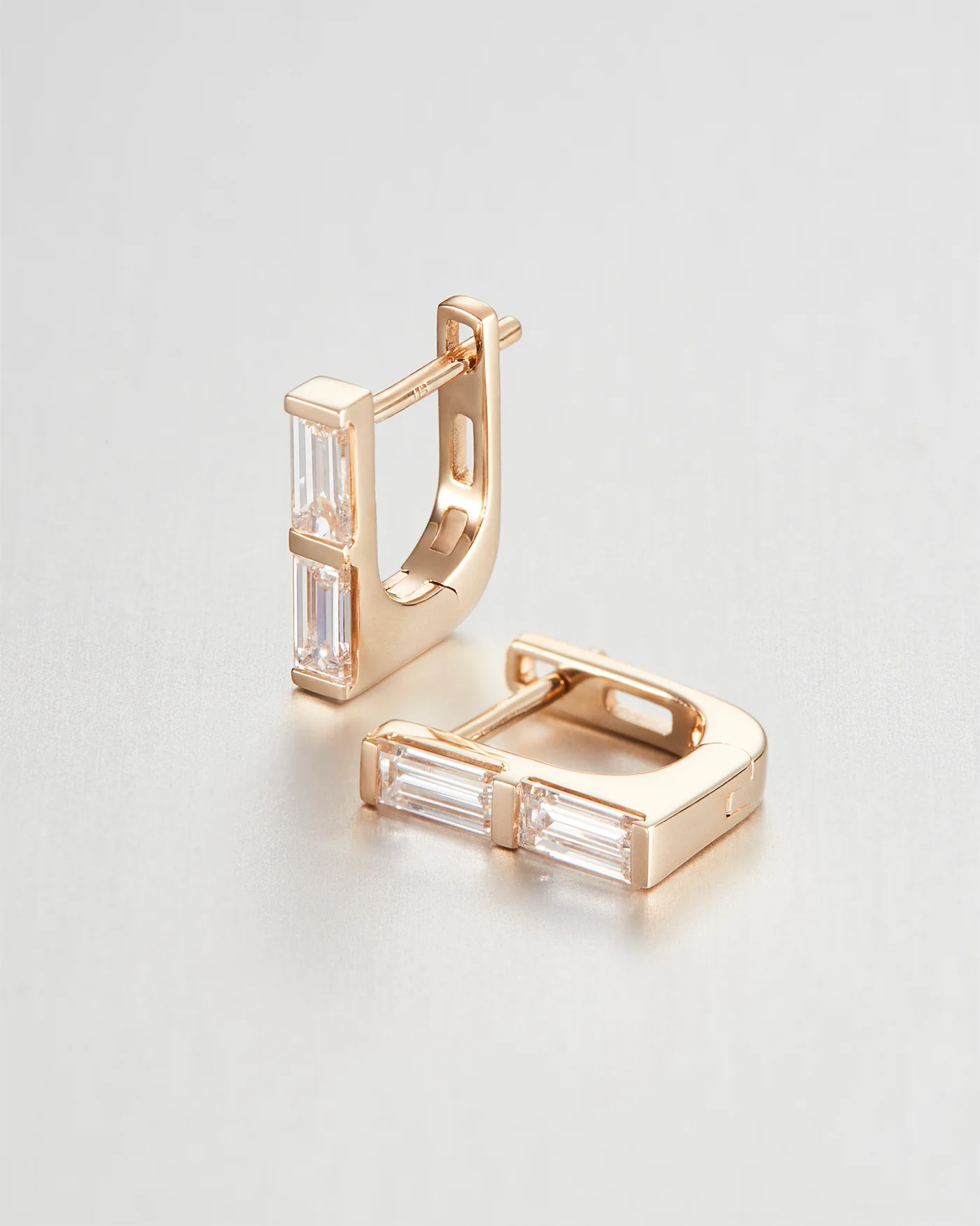 14K Stacked Baguette Diamond Huggie Earrings - 1