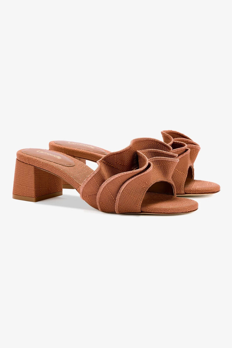 Larroudé Brigitte Ruffle Mule In Caramel Raffia outlook