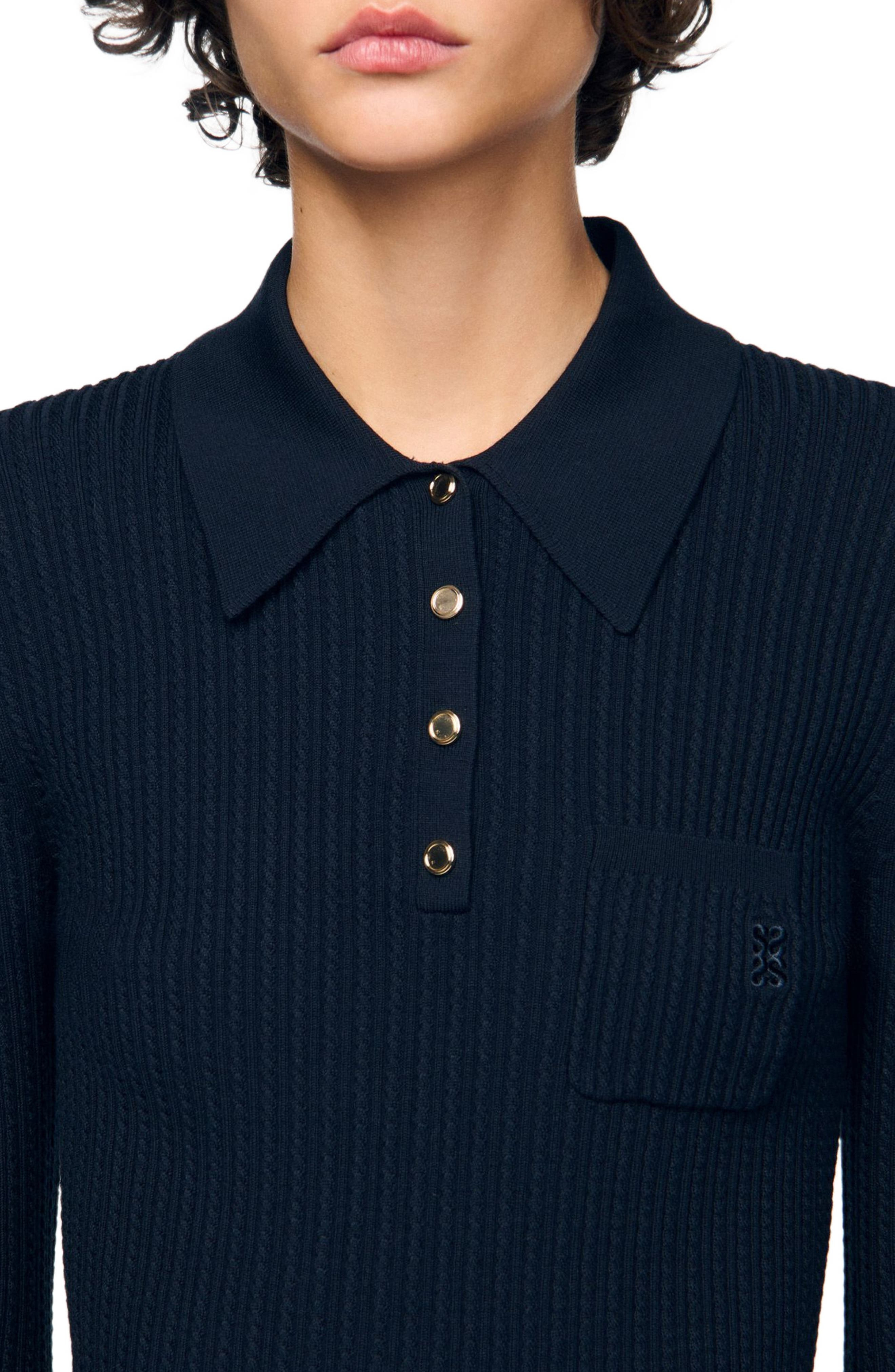 SANDRO Cable knit polo sweater in Navy Blue at Nordstrom - 5