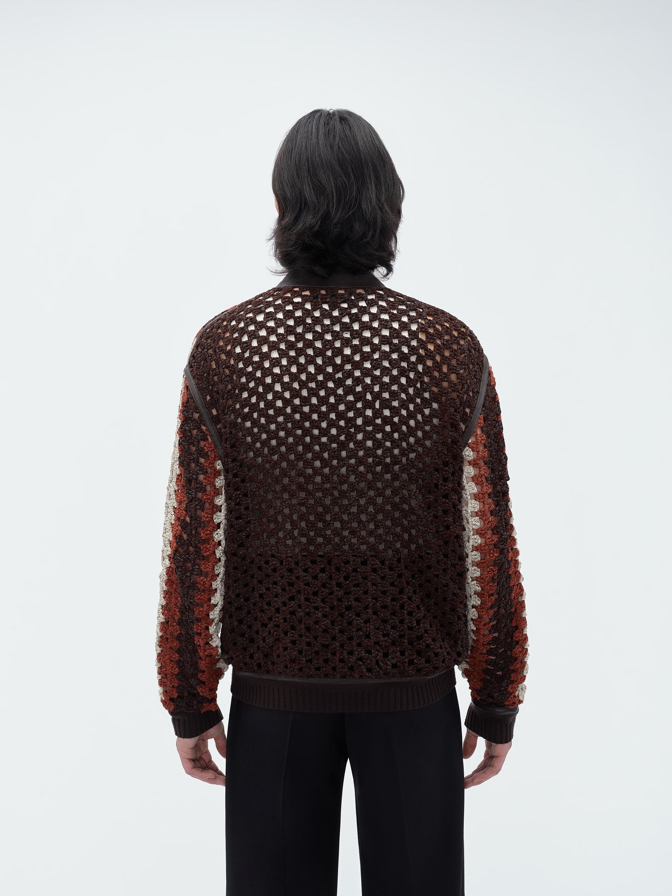 CROCHET KNIT LEATHER CARDIGAN - 5