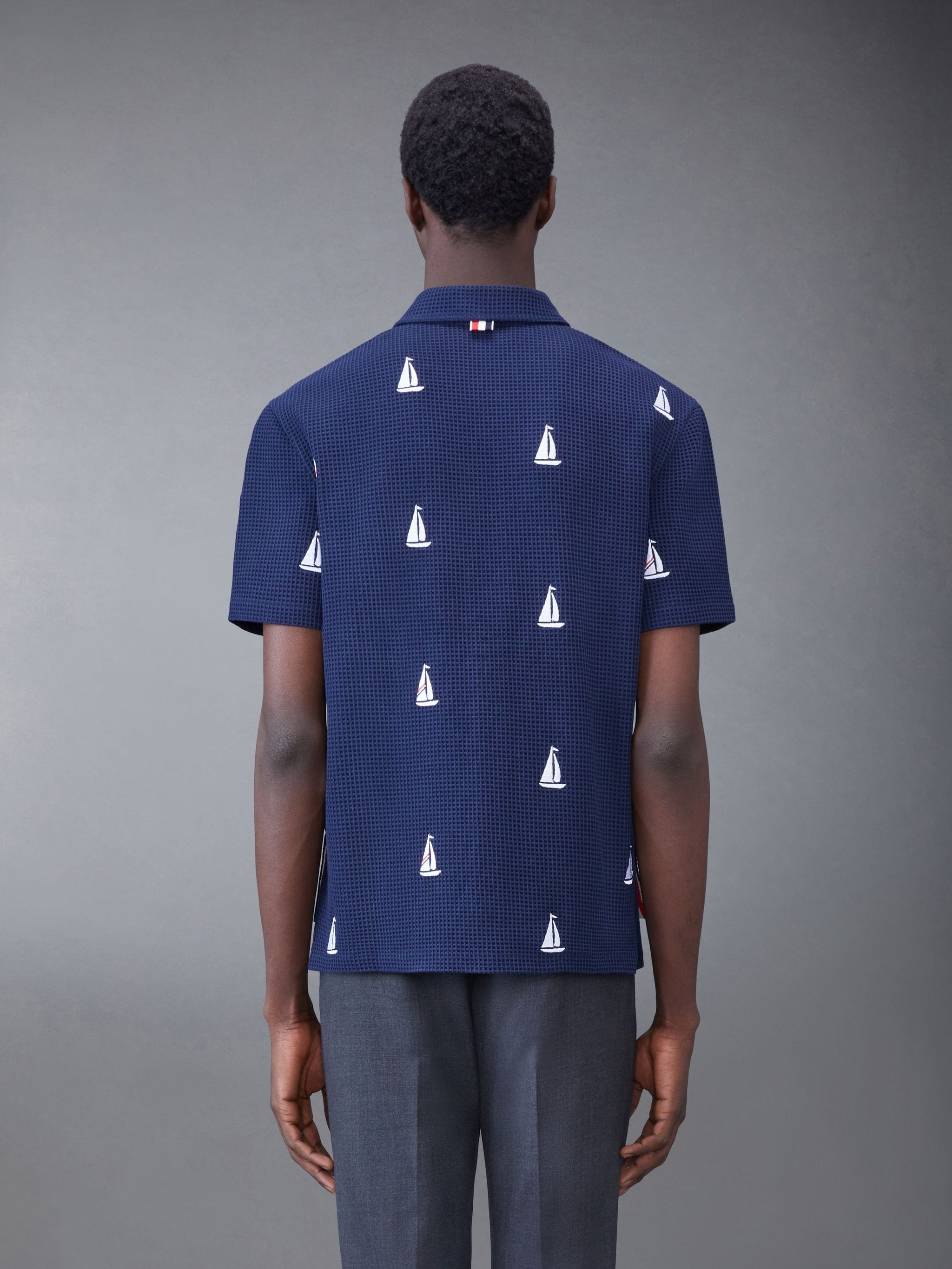 Textured Check Whale and Sailboat Short Sleeve Shirt - 2