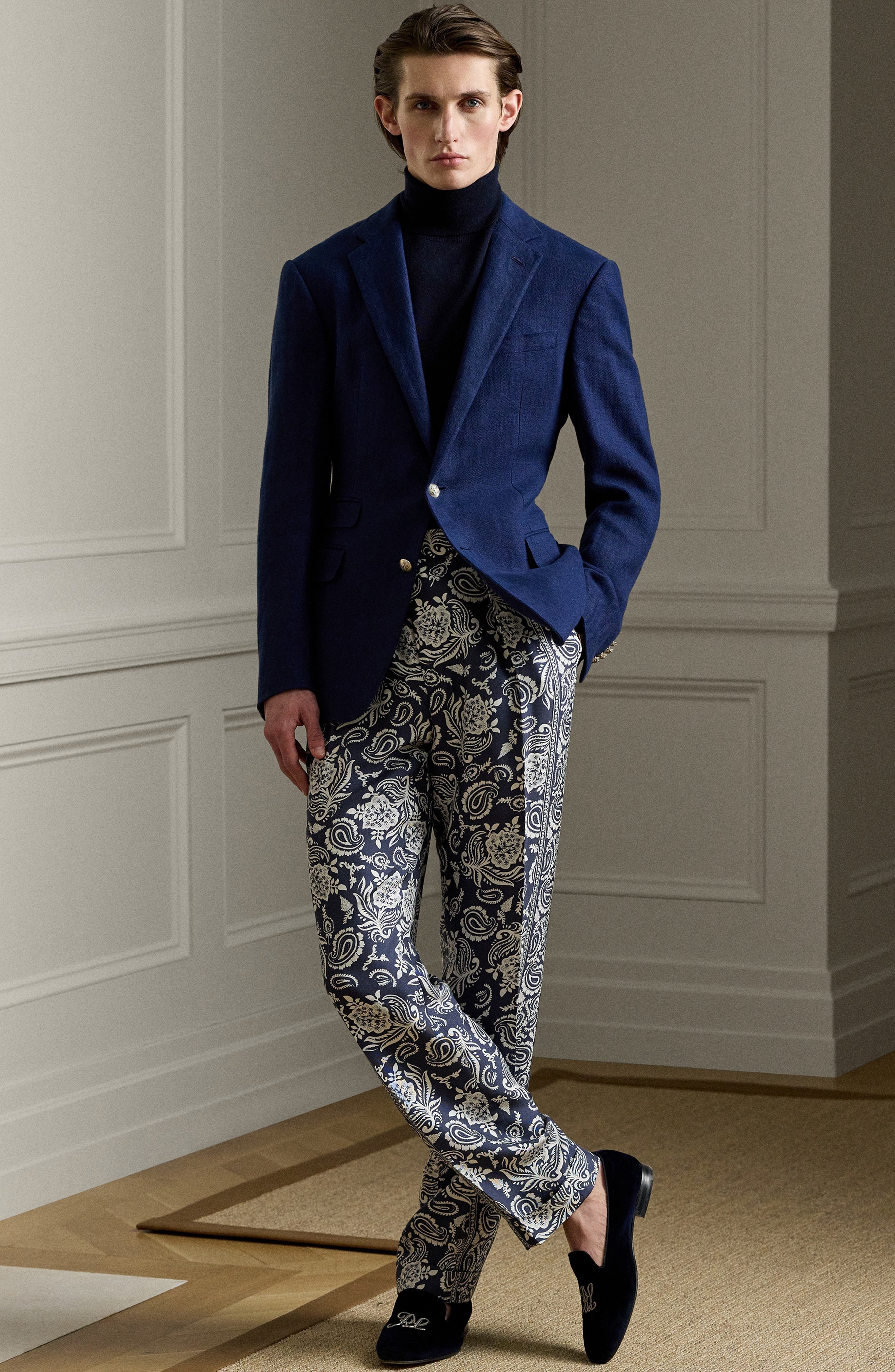 Ralph Lauren Purple Label Maiori Choppa Print Silk Trousers in Navy Bi-Color at Nordstrom - 7