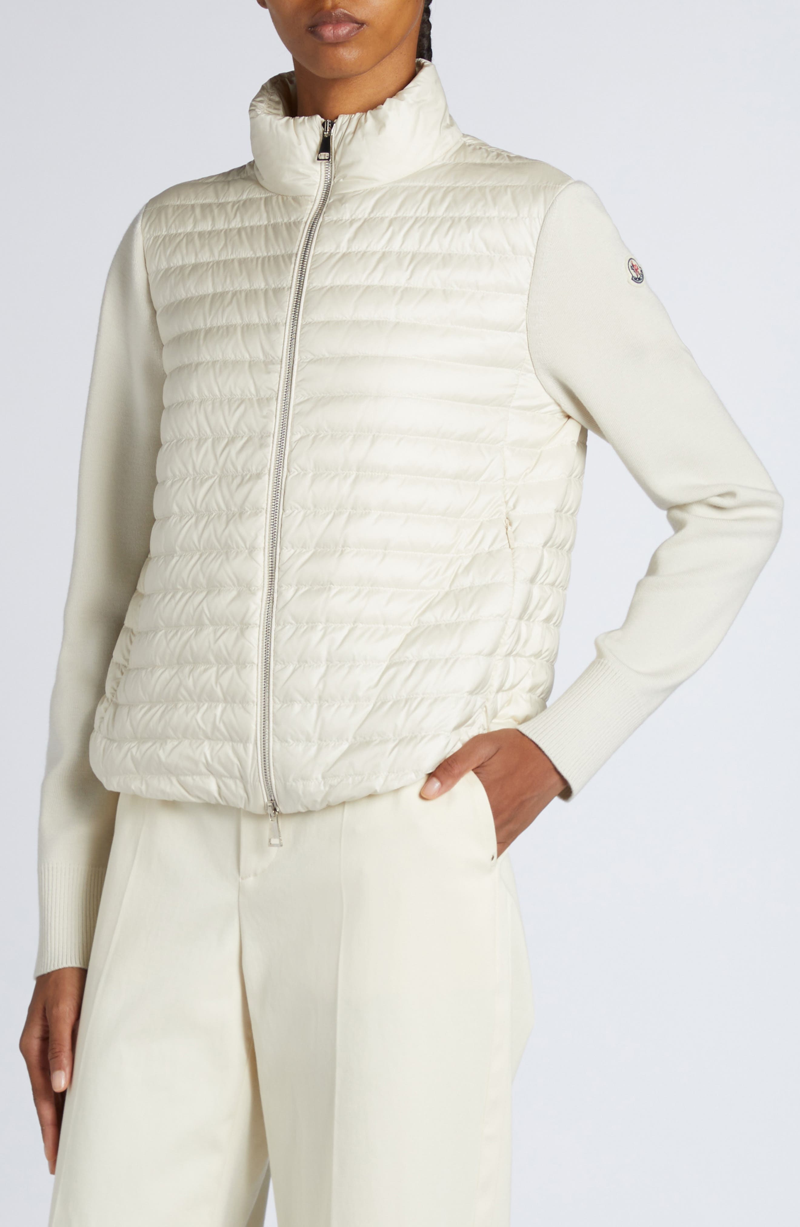Moncler Quilted Down & Virgin Wool Knit Cardigan in Pearl White at Nordstrom - 5