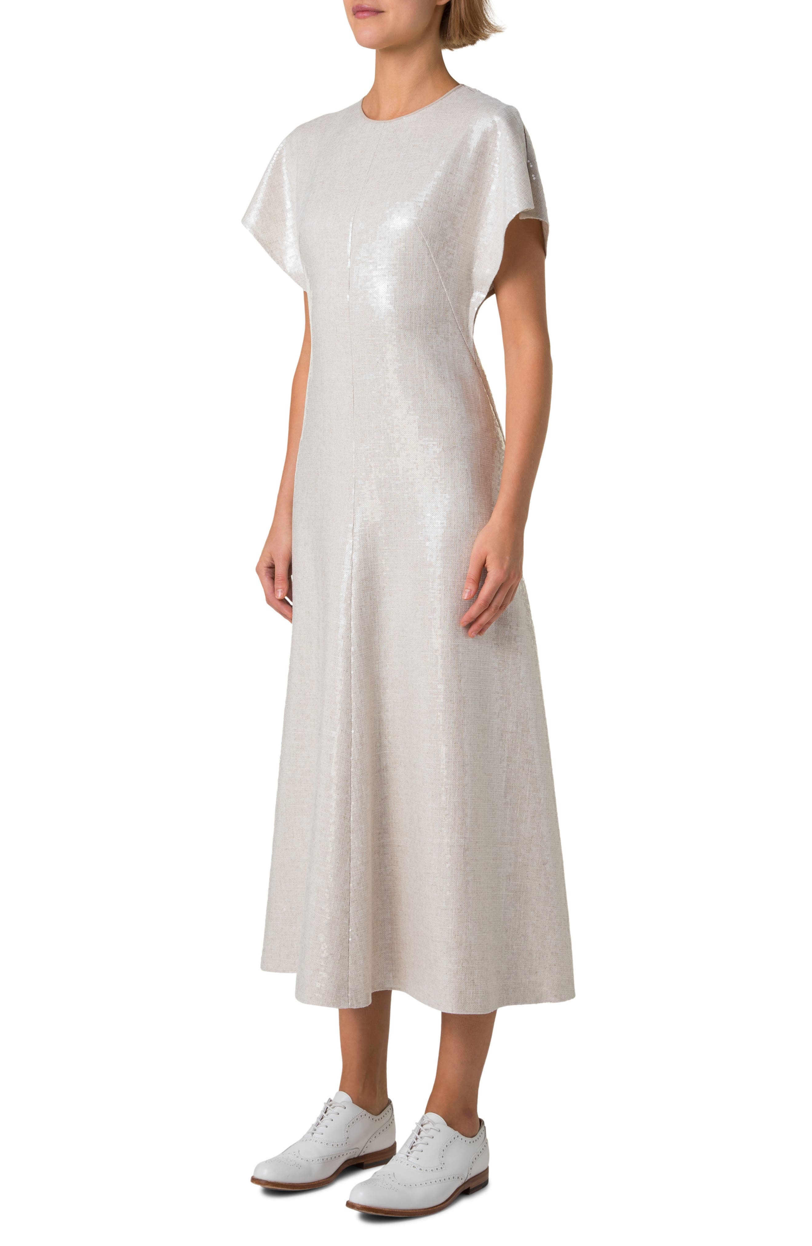 Akris Sequin Dolman Sleeve Midi Dress in Greige at Nordstrom - 3