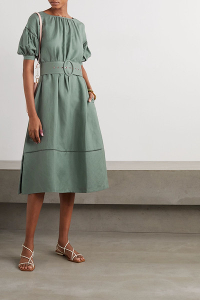 Cult Gaia Aiko belted lattice-trimmed linen-blend midi dress outlook