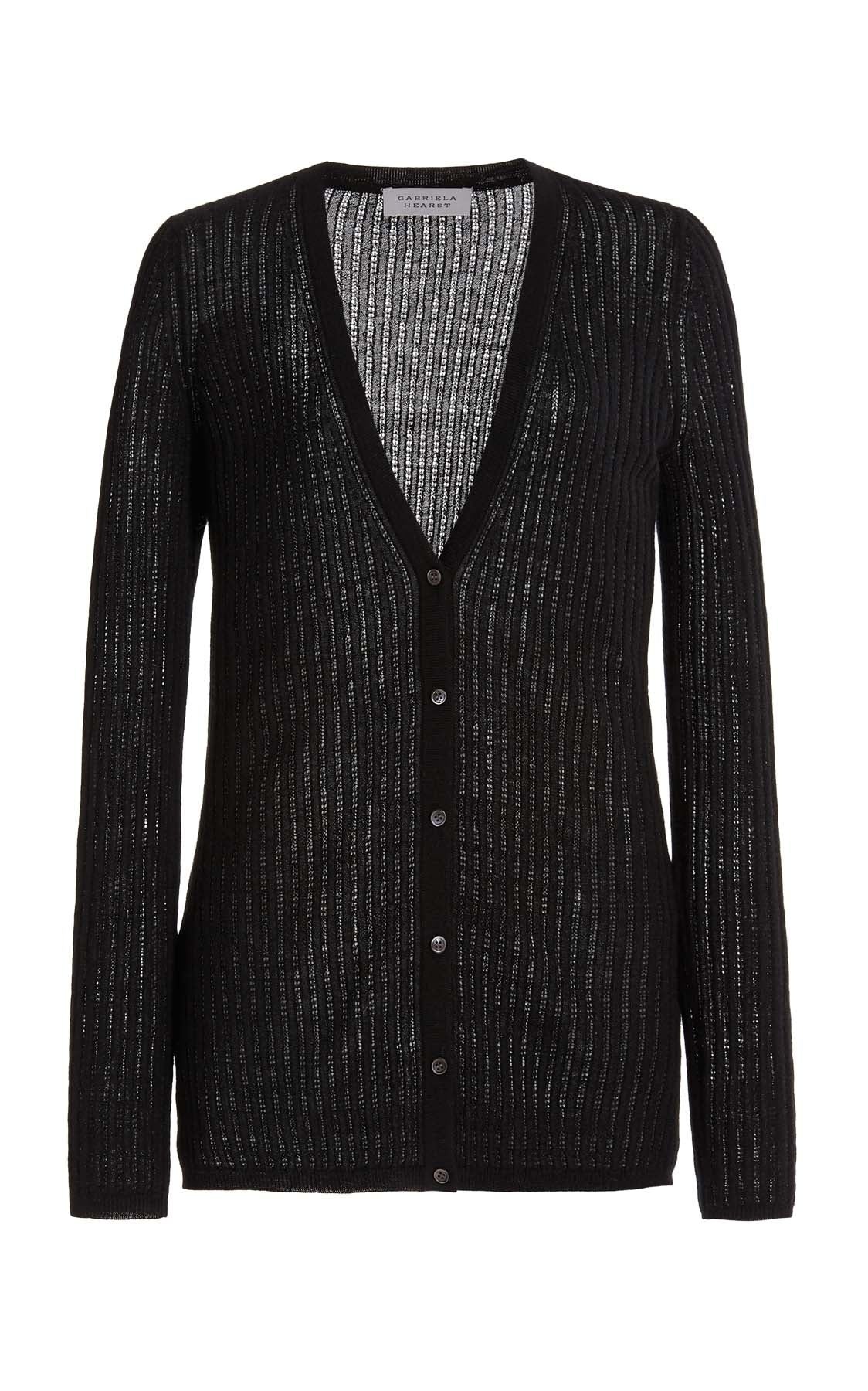 Emma Pointelle Cardigan in Black Silk Cashmere - 1