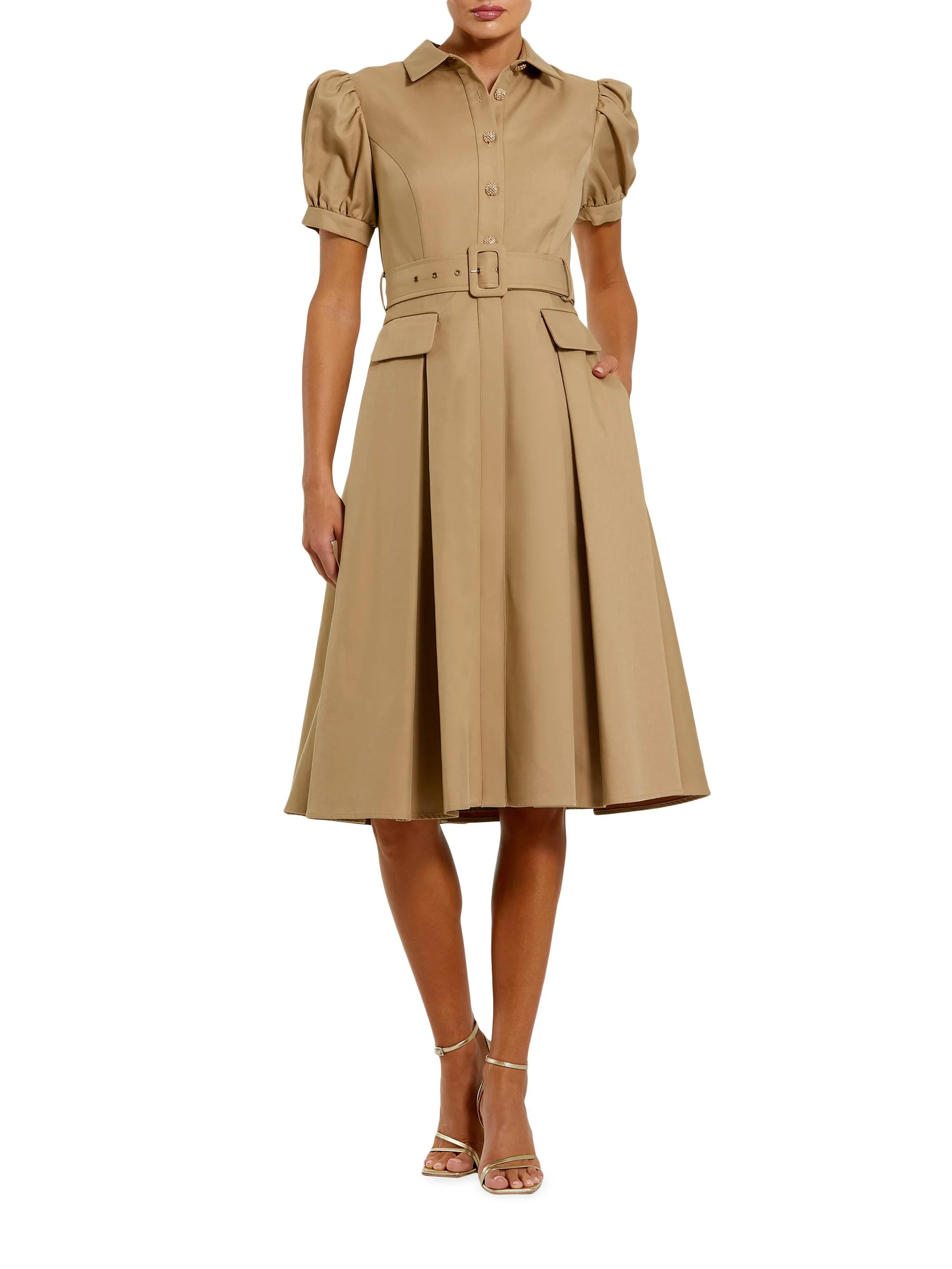 Women's Cocktail Twill Belted Midi-Dress - Taupe - 1