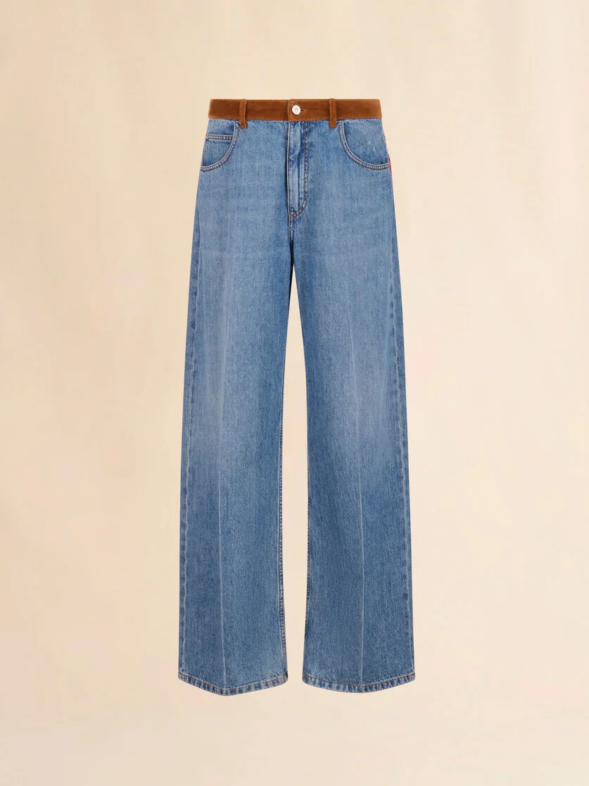 BLUE DENIM TROUSERS WITH VELVET WAISTBAND - 1