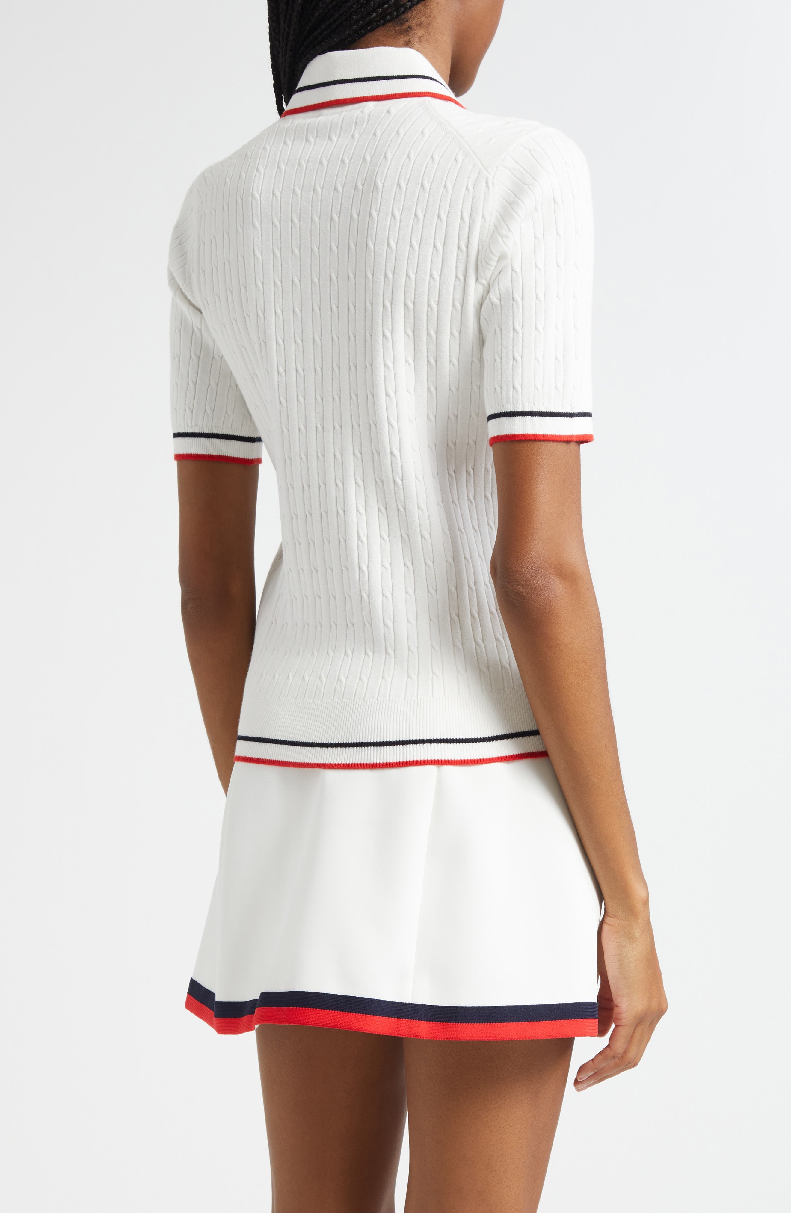 Sporty & Rich Serif Logo Mini Cable Knit Polo in White/Dark Navy/Ruby at Nordstrom - 3