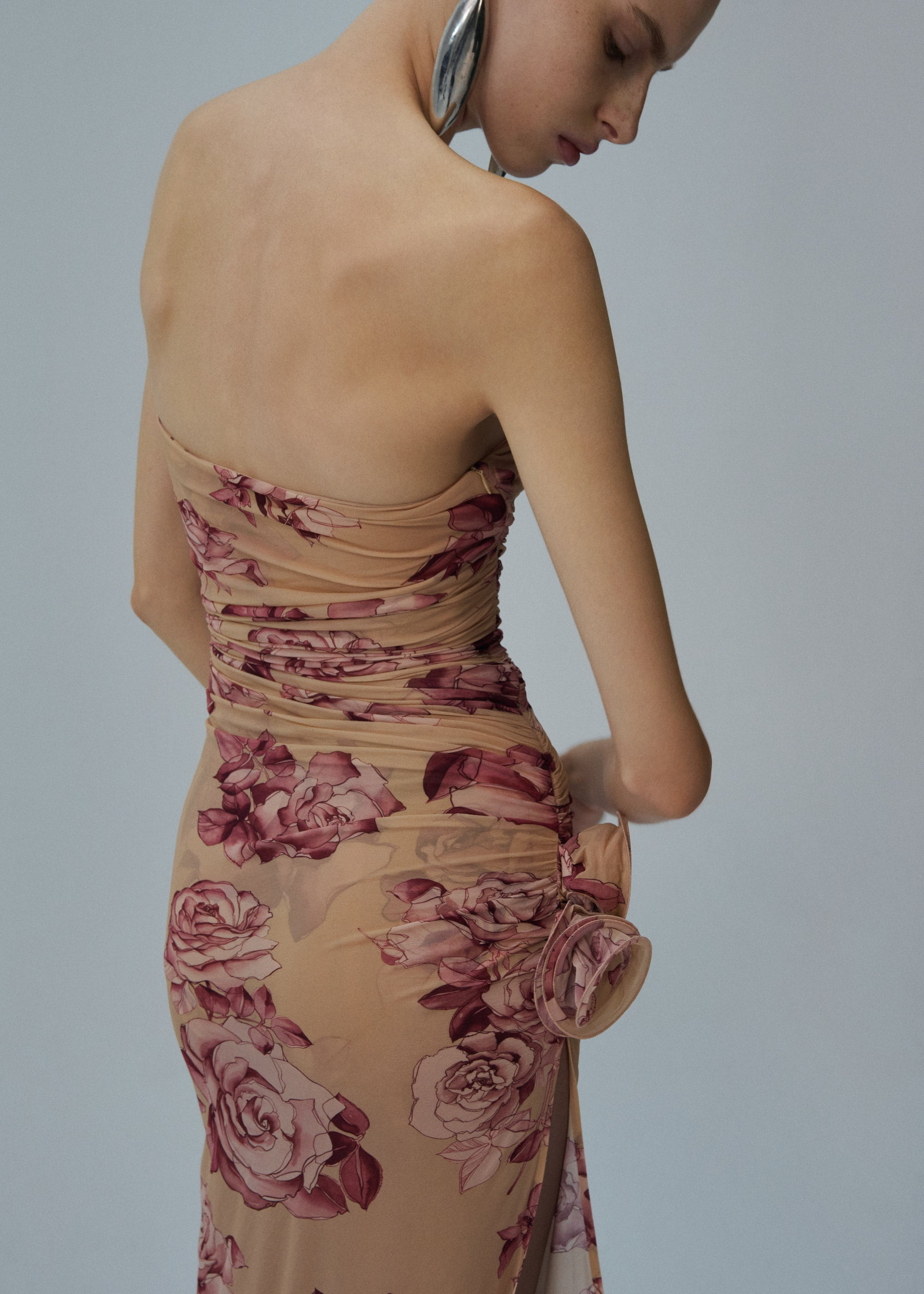 Strapless flower applique midi dress in beige print - 5