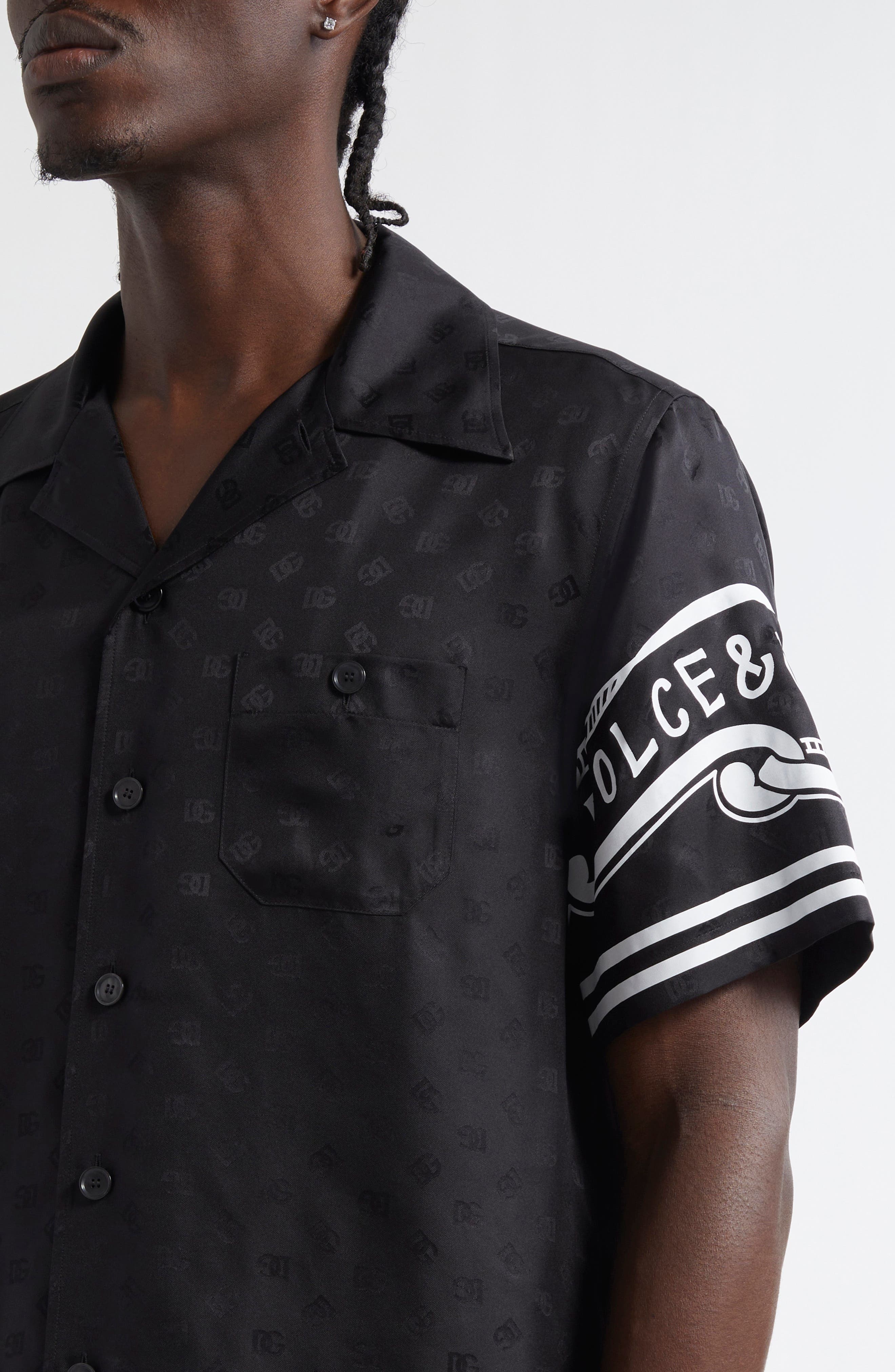 Dolce&Gabbana Logo Jacquard Bandana Print Silk Camp Shirt in Nero at Nordstrom - 5