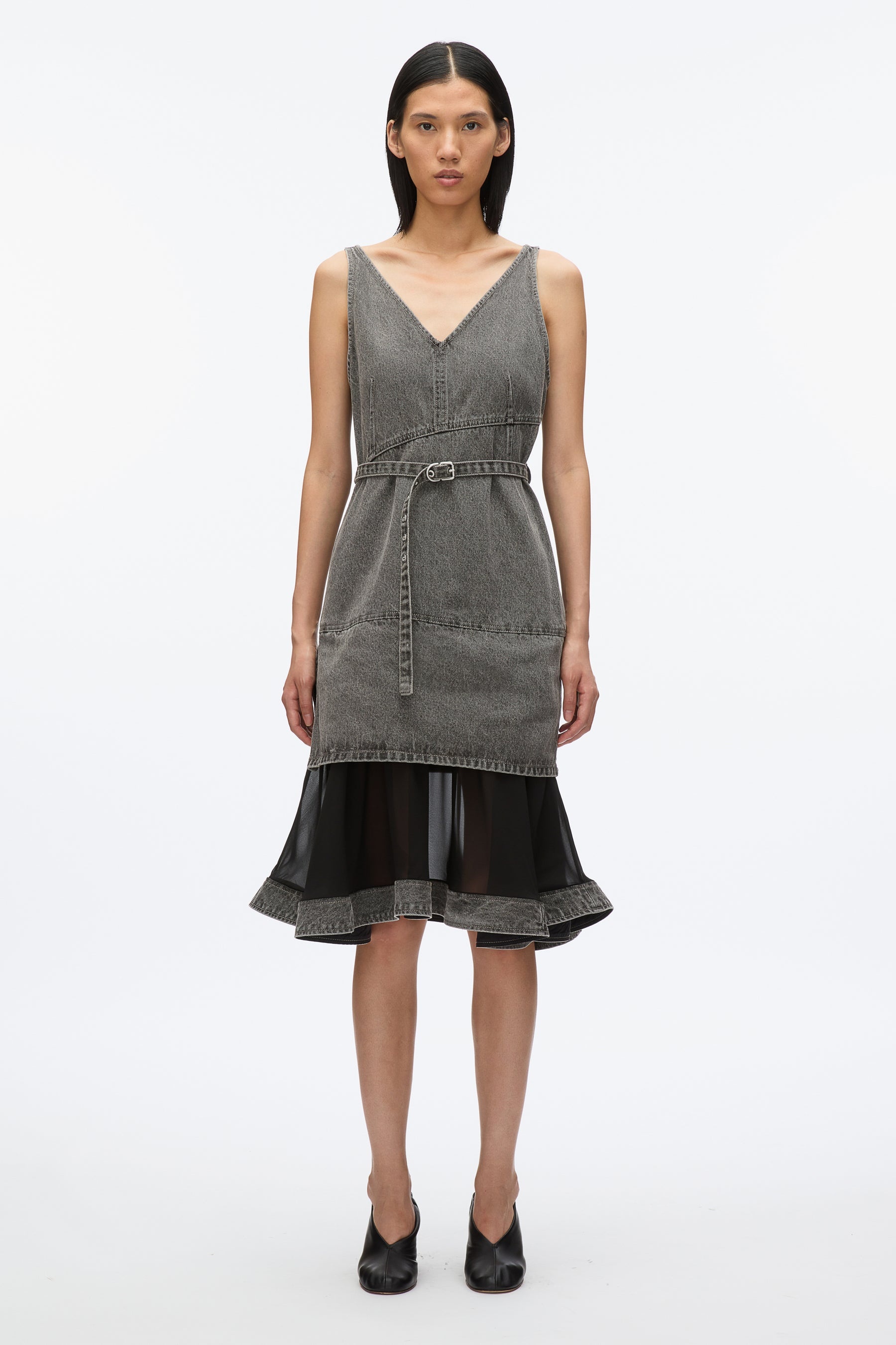 Denim V Neck Dress with Chiffon Hem - 2