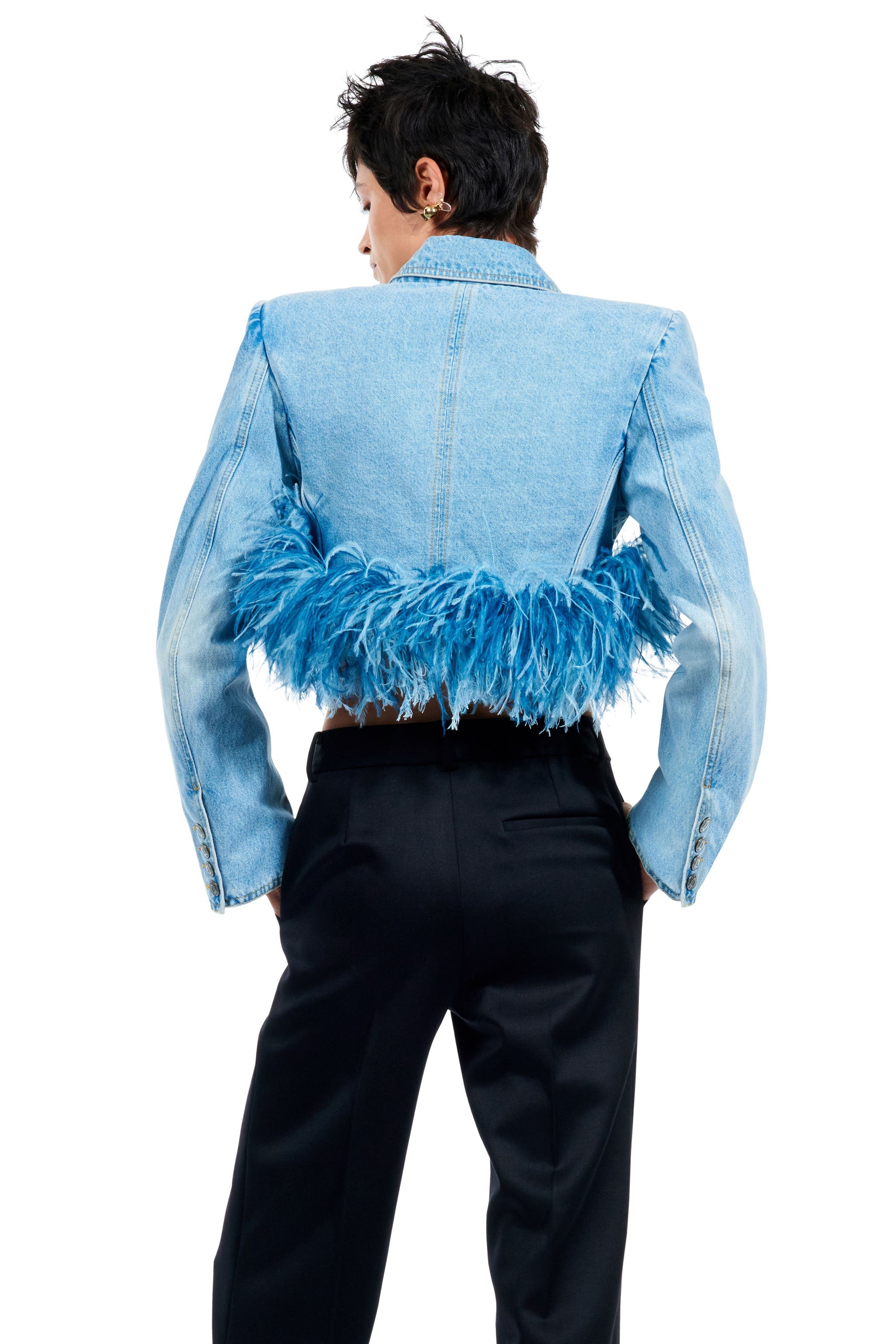 FRAYED DENIM FEATHER TRIM CROPPED BLAZER - 2