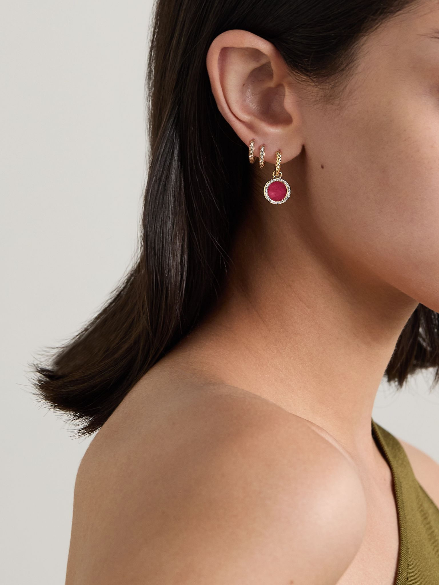 Petite Elements 18-karat gold, rhodonite and diamond hoop earrings Gold - 4