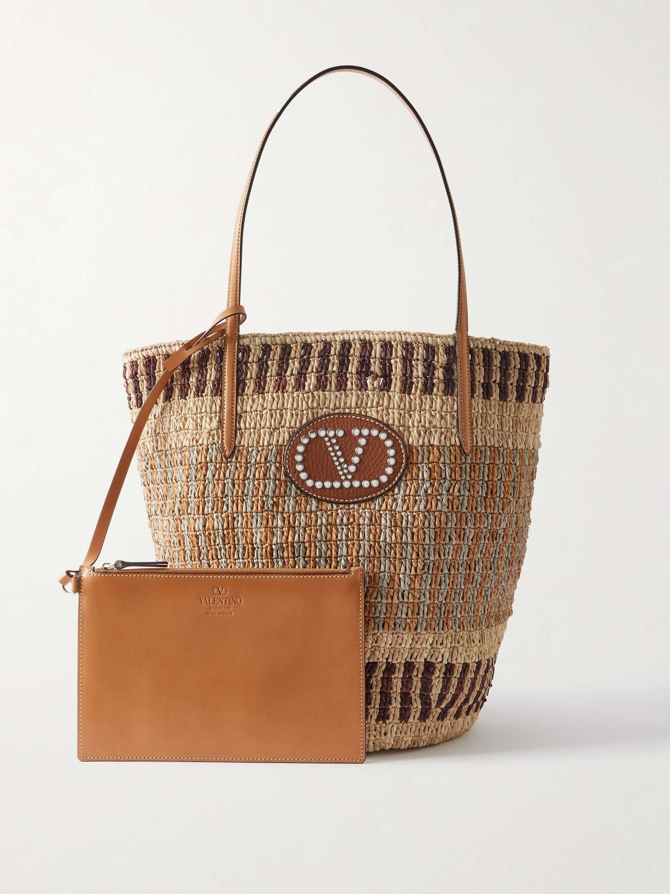 VLogo leather-trimmed raffia tote Brown - 6