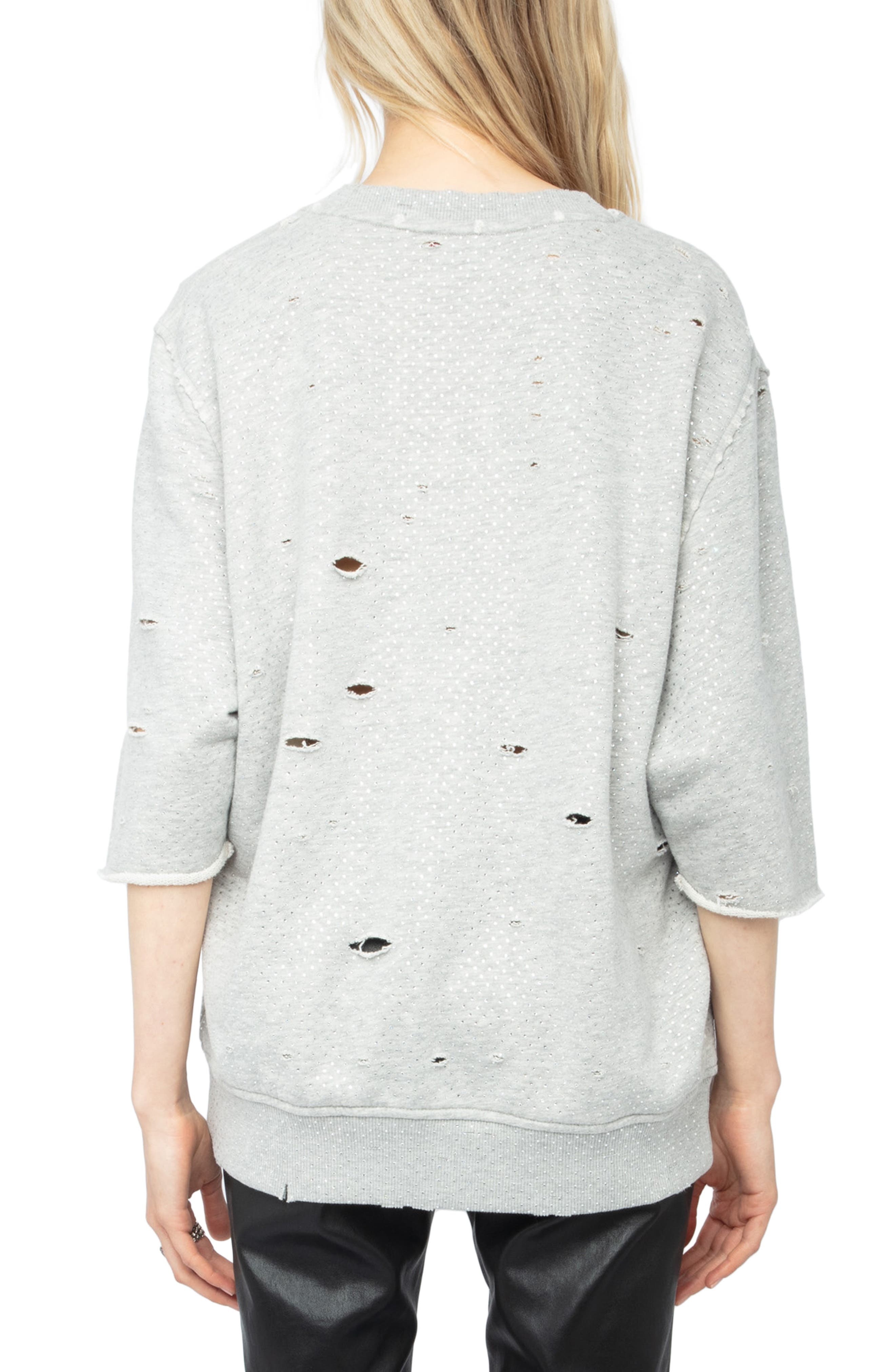 Zadig & Voltaire Edmond Rhinestone Destroyed Sweatshirt in Gris Chine at Nordstrom - 2