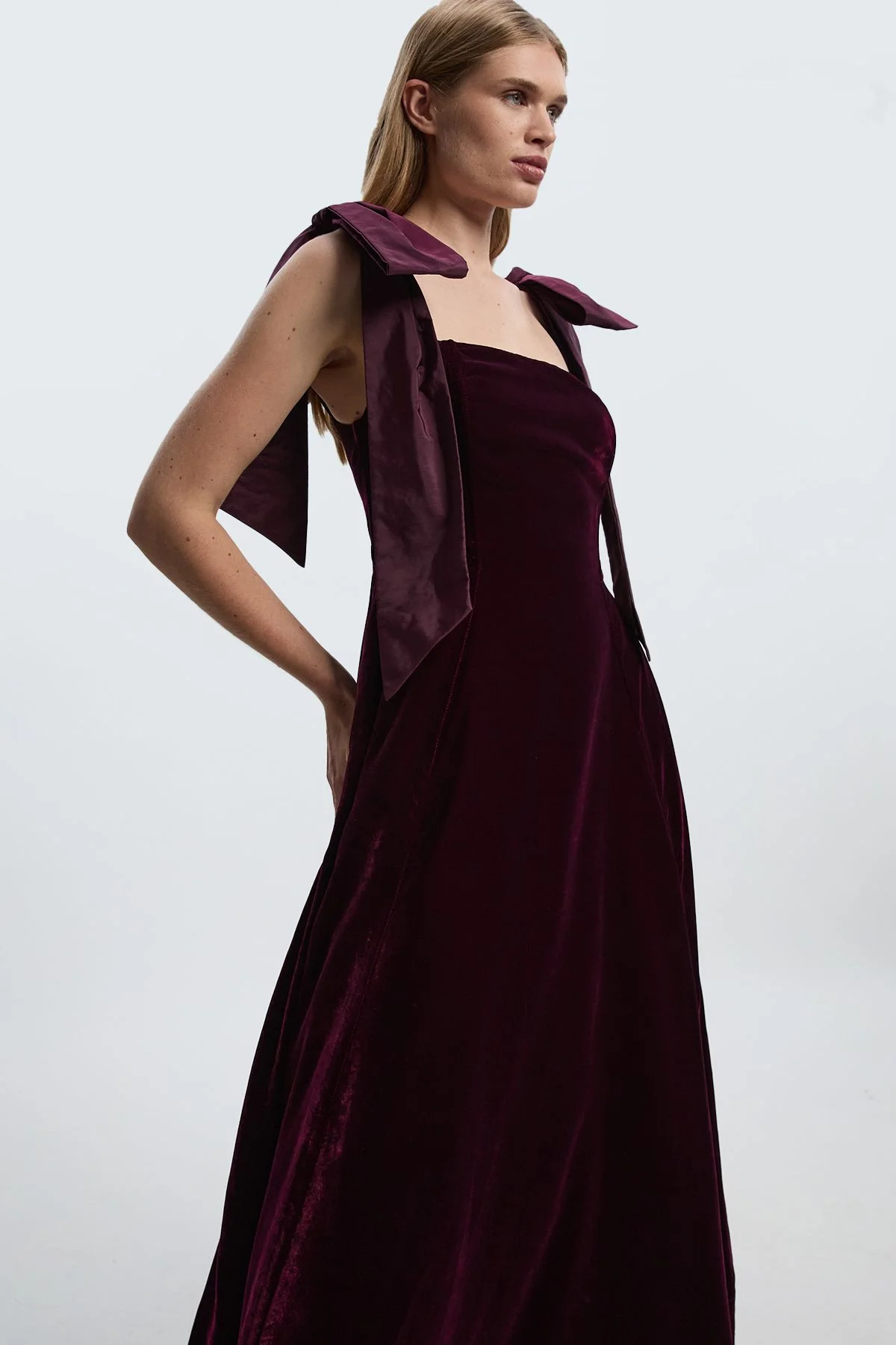 Petite Velvet Bardot Woven Prom Midaxi Dress With Taffeta Bow - 1