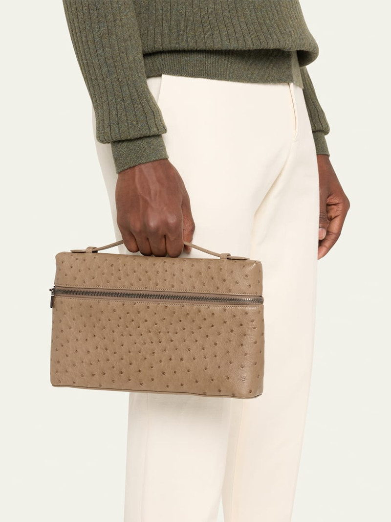 Loro Piana Men's Ostrich-Embossed Zip Pouch Bag outlook