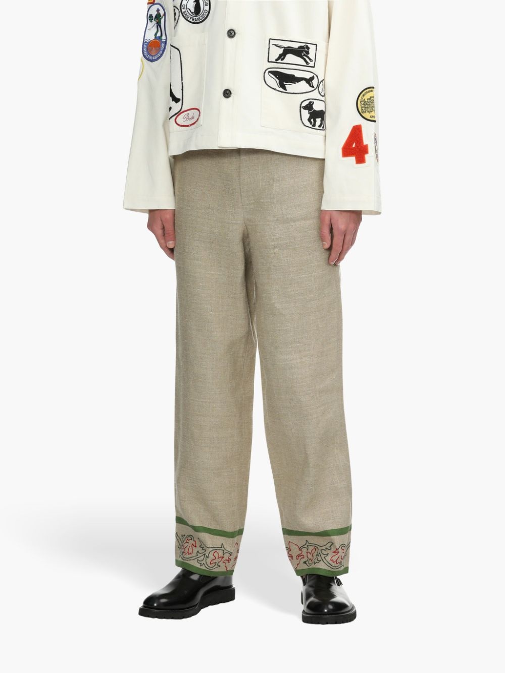 floral-embroidered linen trousers - 3