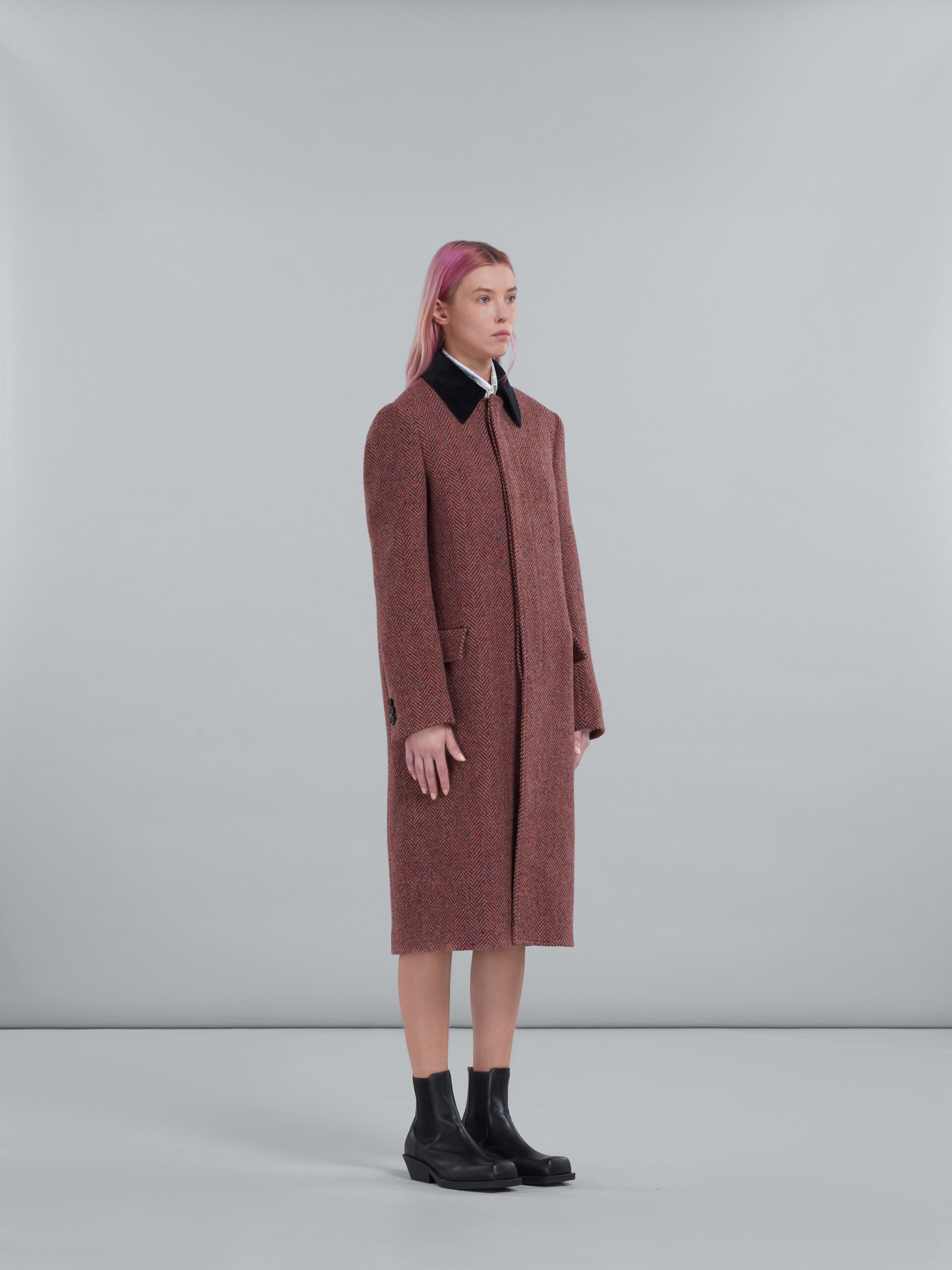 BURGUNDY CHEVRON WOOL COAT WITH VELVET COLLAR - 6