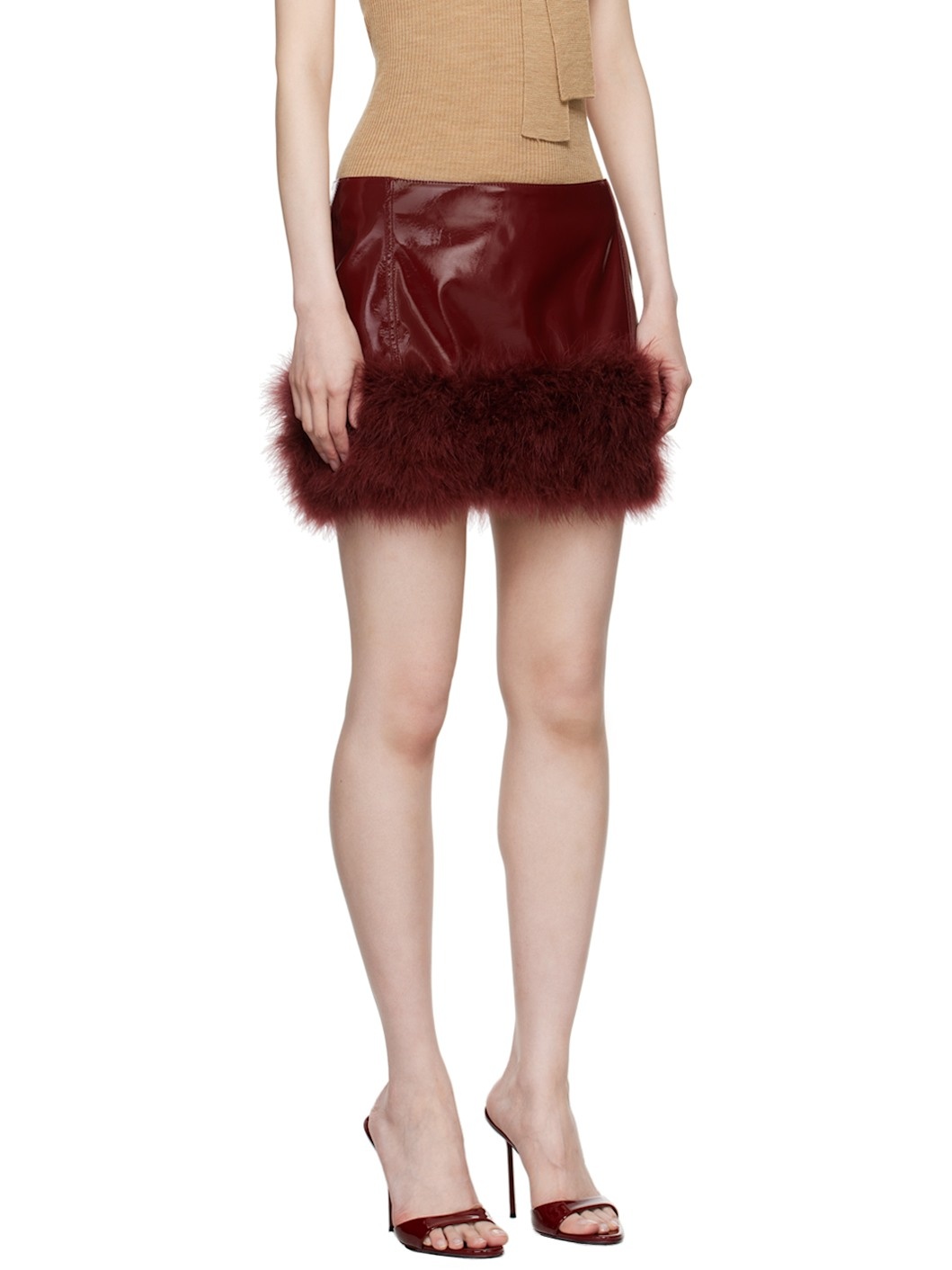 Burgundy Marabou Feather Faux-Leather Miniskirt - 2