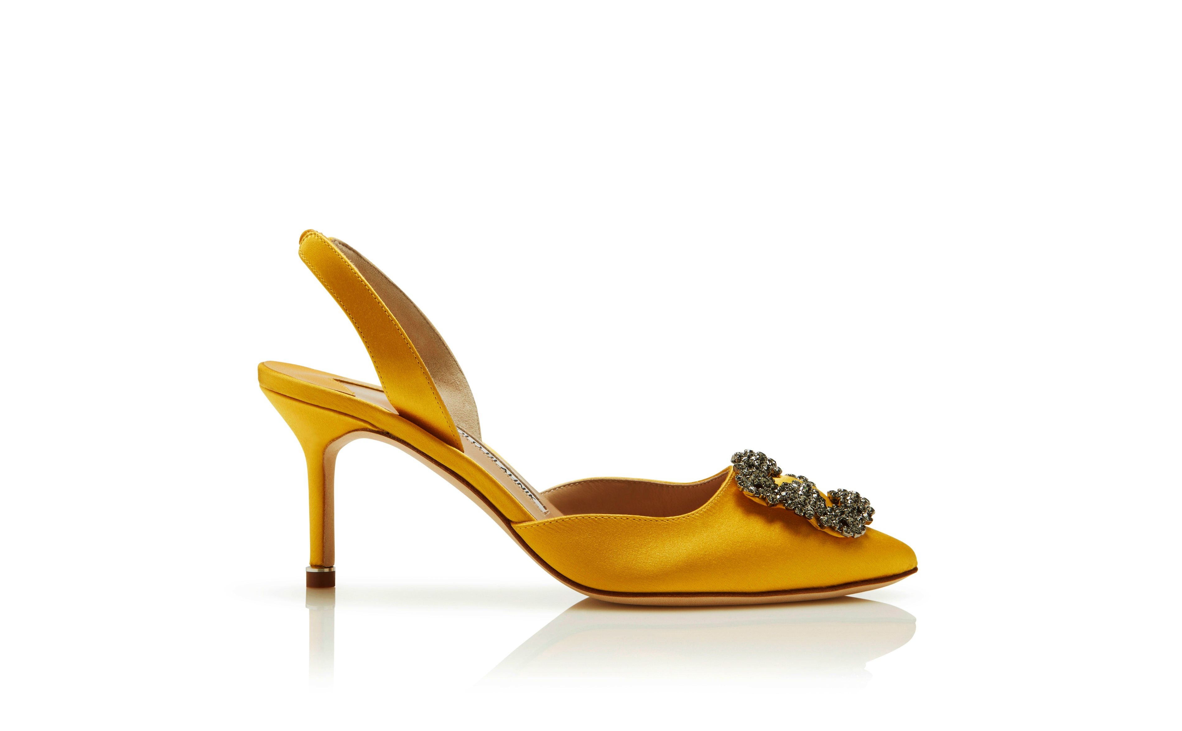 Yellow Satin Jewel Buckle Slingback Pumps - 1