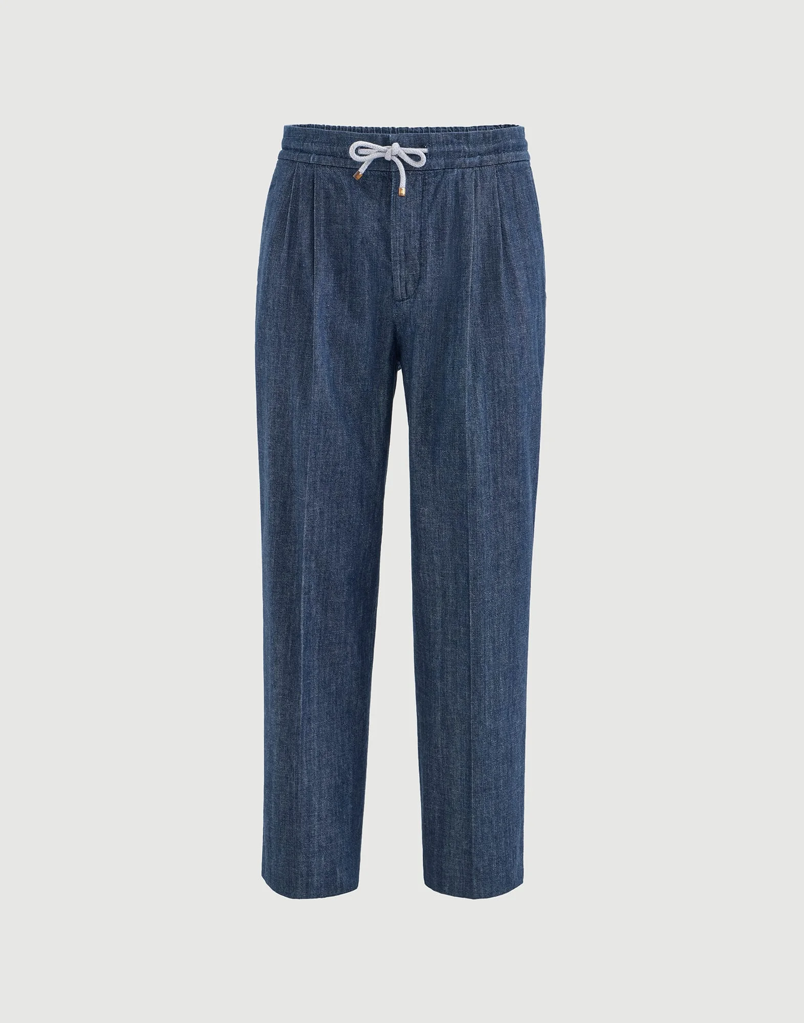 Lightweight denim trousers with drawstring and double pleats - 1