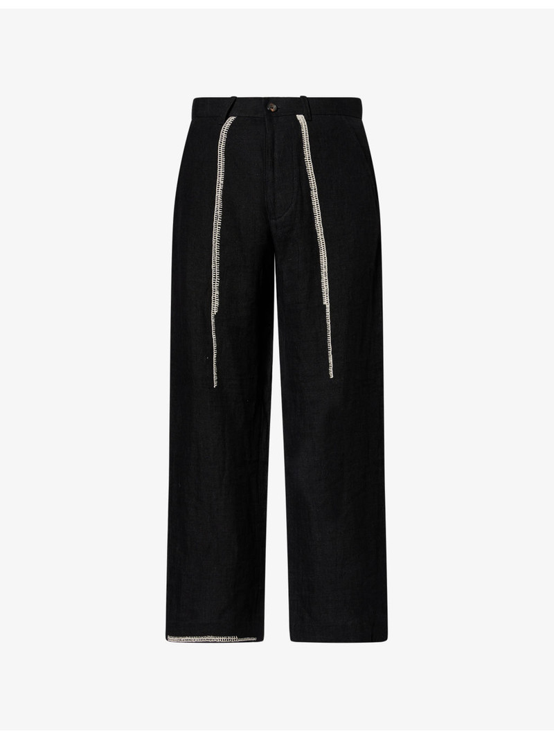 Contrast-Embroidered Wide-Leg Linen Trousers 1