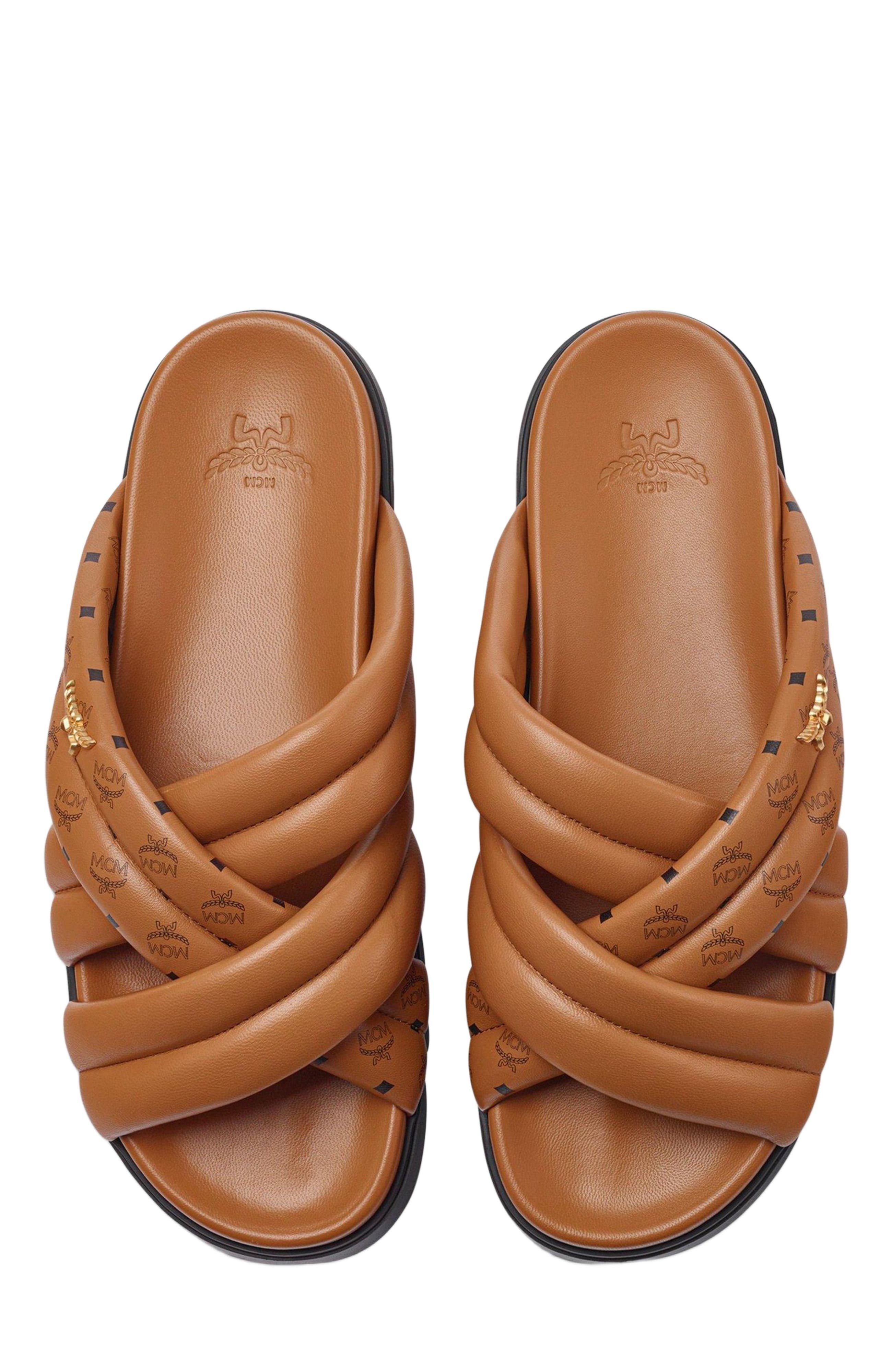 MCM Monogram Print Cross Sandals in Lamb Leather in Cognac at Nordstrom - 5
