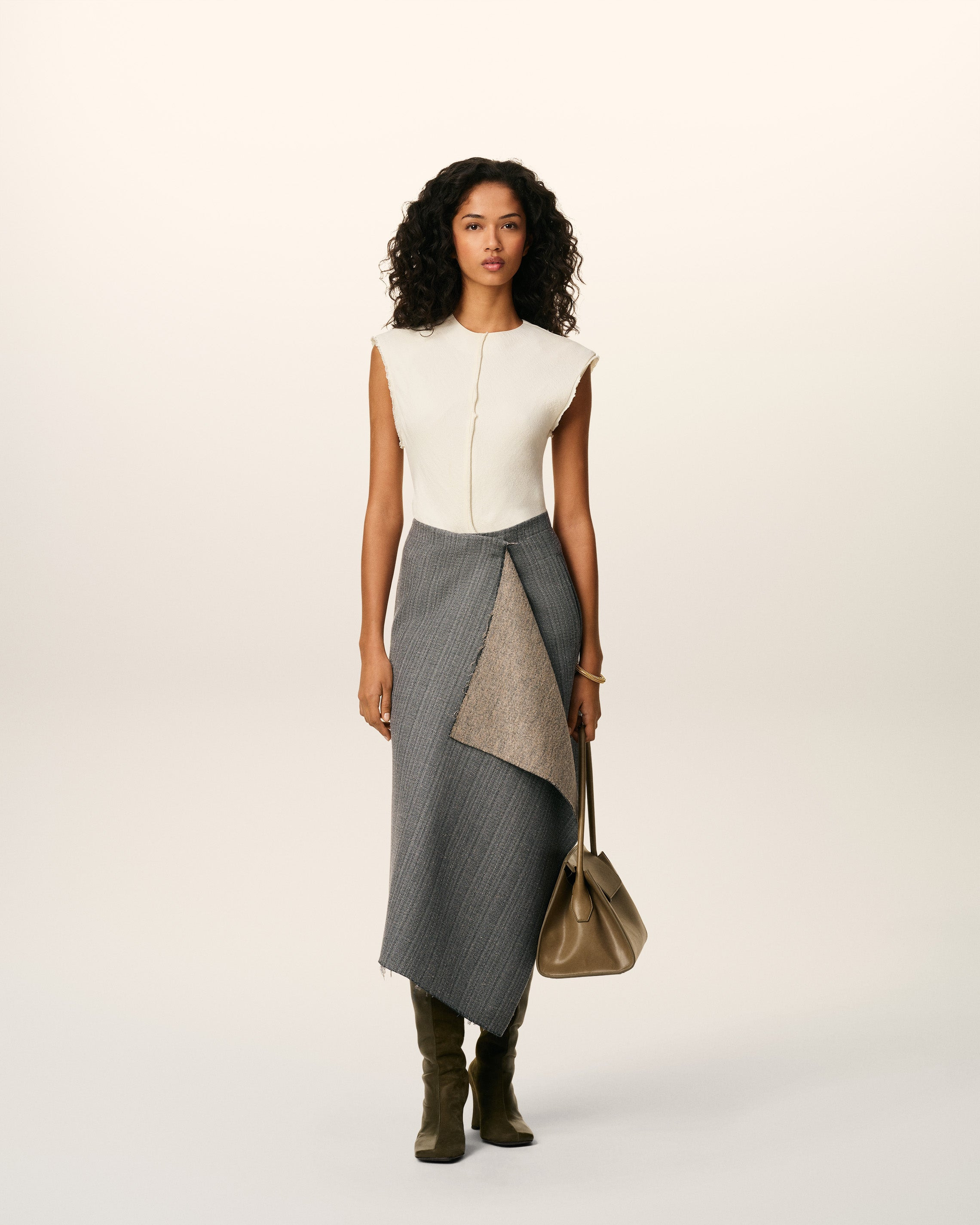 GREY WOOL MIDI HERRINGBONE WRAPPED SKIRT - 2