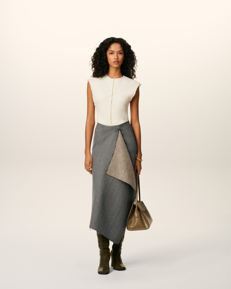 AMI Paris GREY WOOL MIDI HERRINGBONE WRAPPED SKIRT outlook