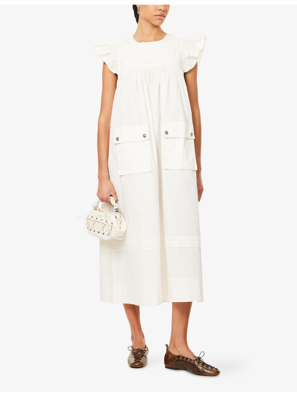 Frilled-Sleeve Cotton Midi Dress - 2