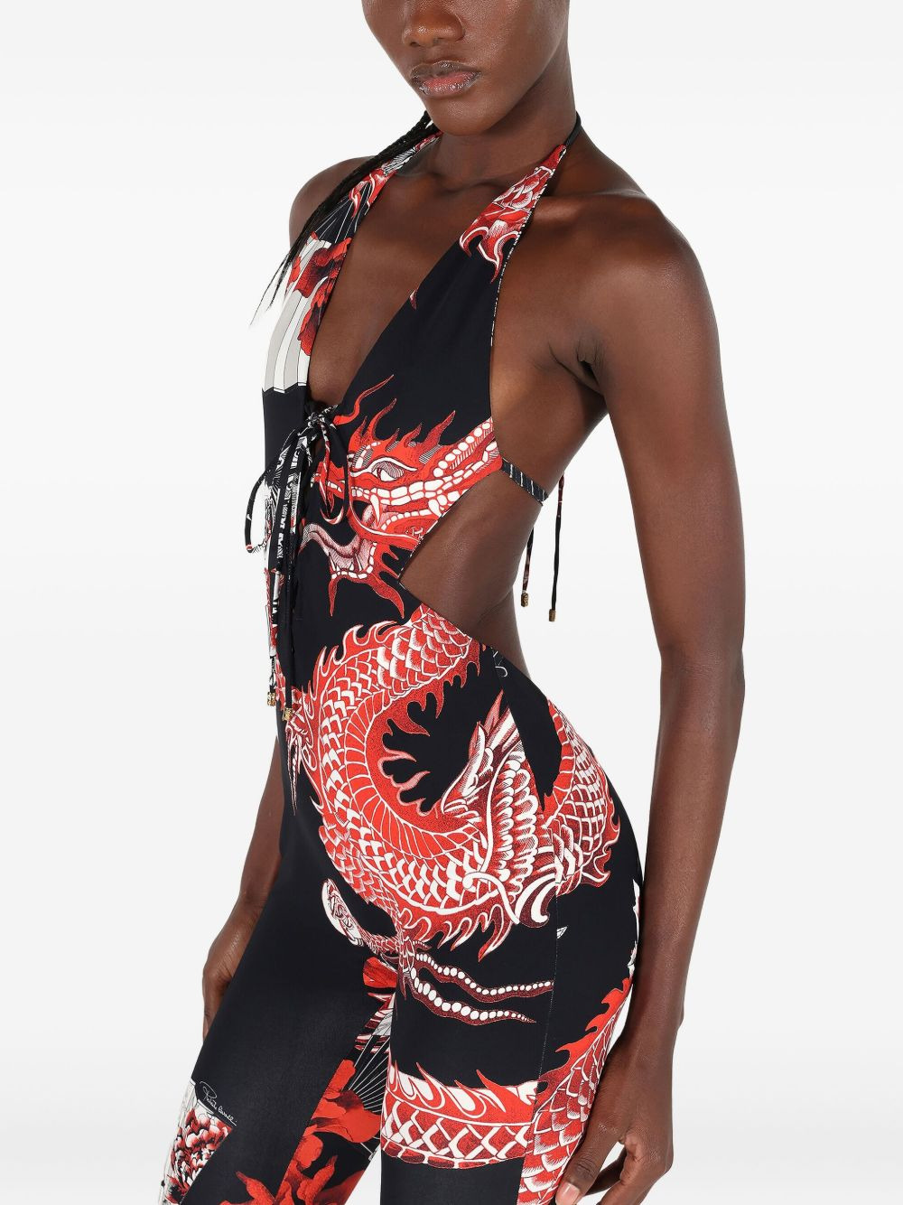 dragon-print lace-up jumpsuit - 5