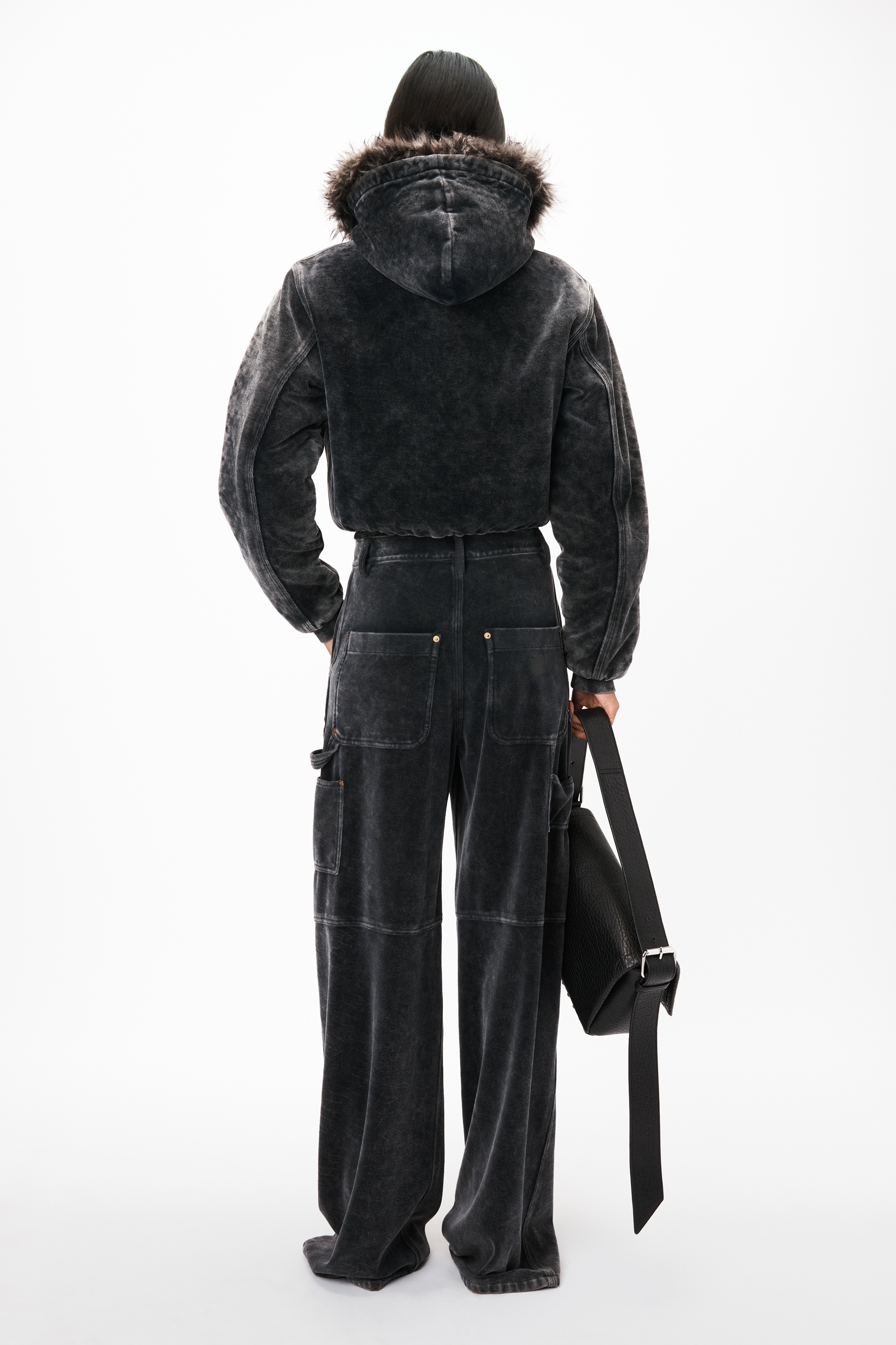 zip-up hoodie in velour with shearling hood - 4