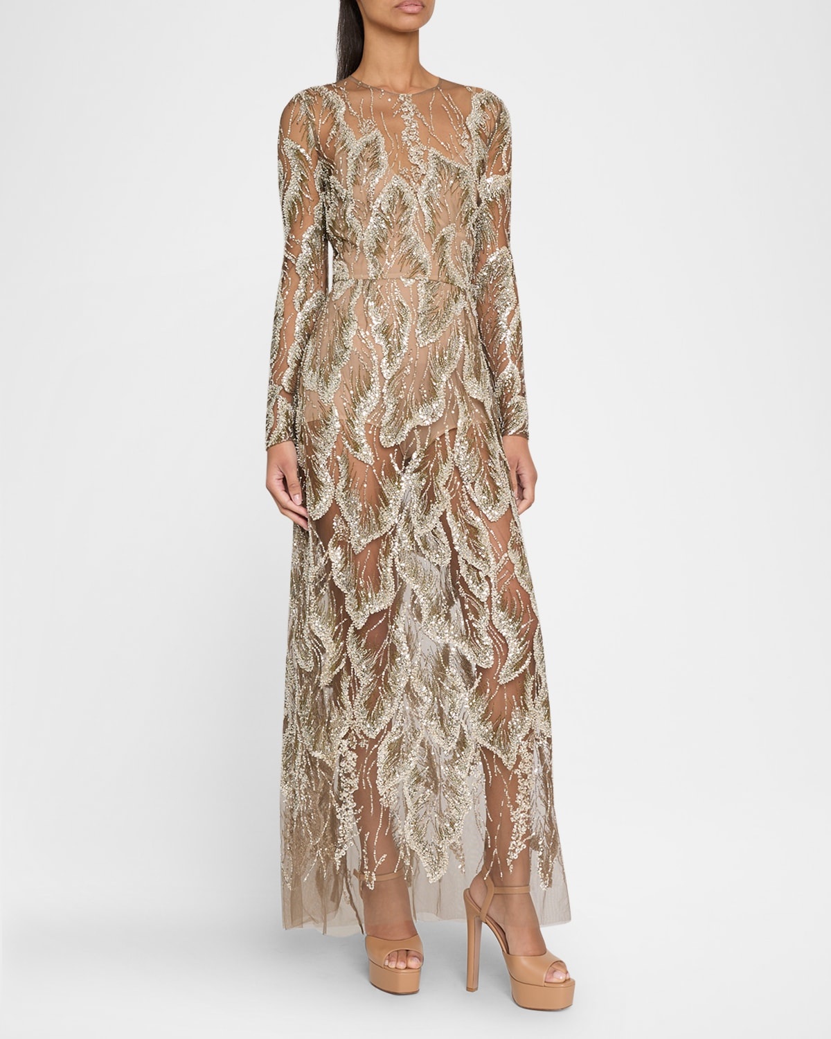 Embellished Sheer Tulle Long-Sleeve Gown - 4