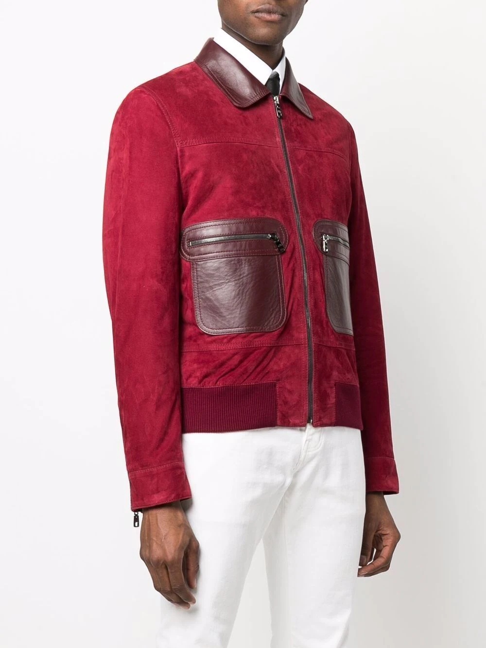 two-tone zip leather jacket - 3