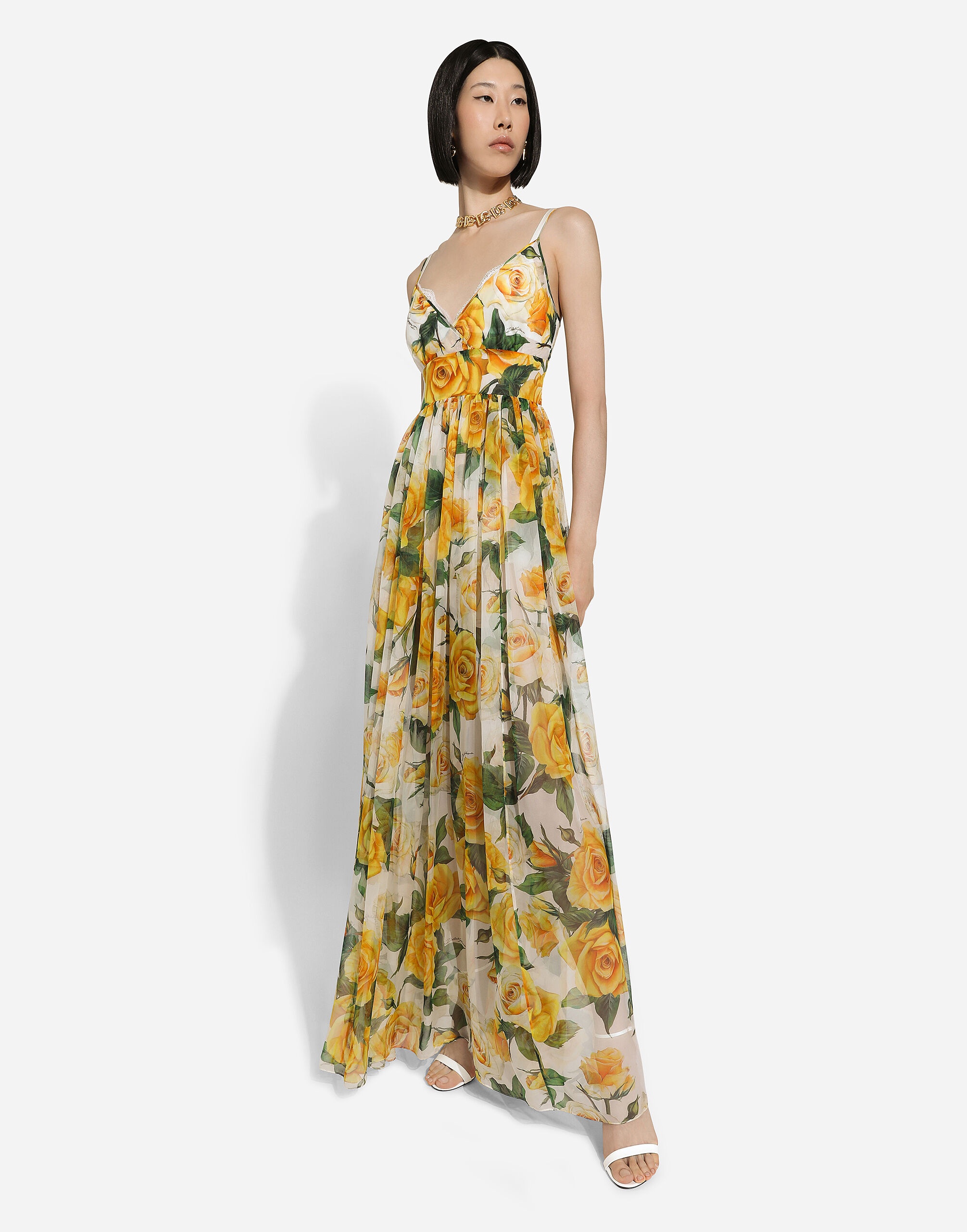 Long silk chiffon dress with yellow rose print - 5