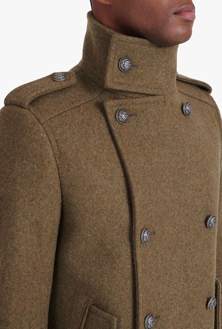 Light khaki wool military pea coat with double-breasted silver-tone buttoned fastening - 9