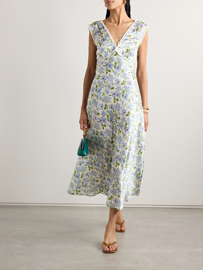 DÔEN Tahlia lace-trimmed floral-print silk-charmeuse midi dress Blue outlook