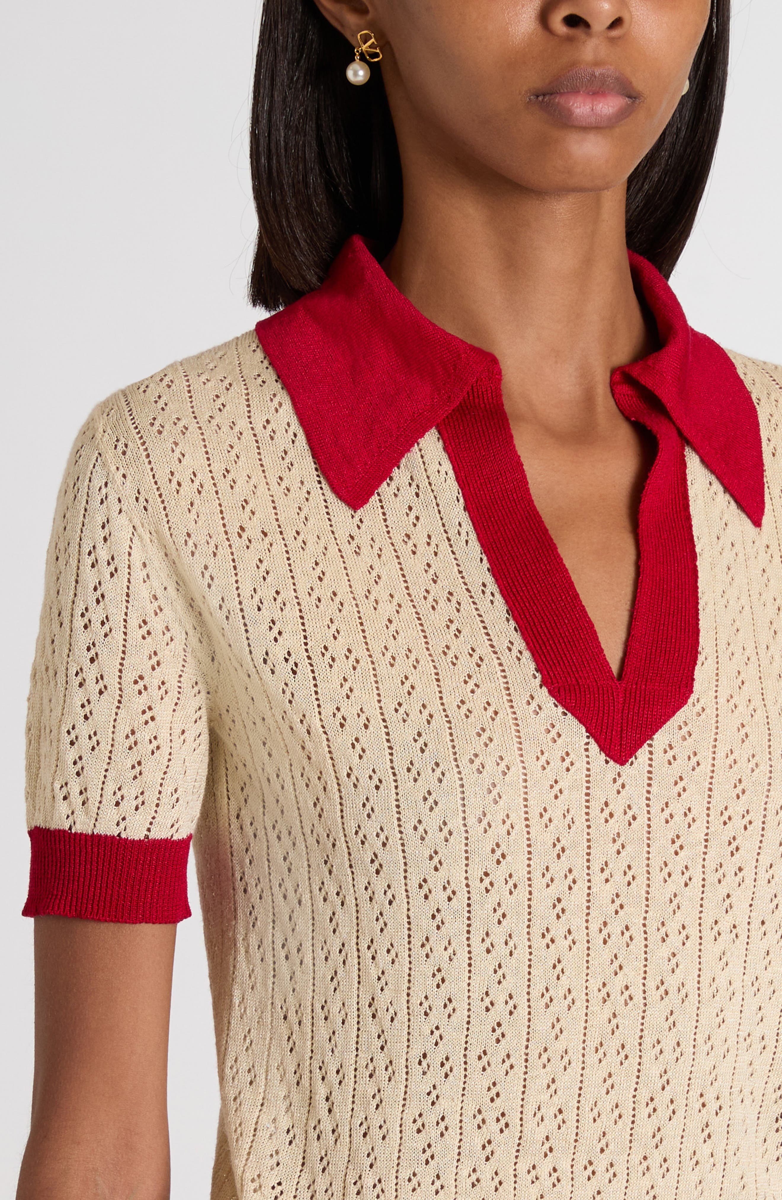 Valentino Garavani Pointelle Knit Polo Sweater in Light Hazelnut at Nordstrom - 5