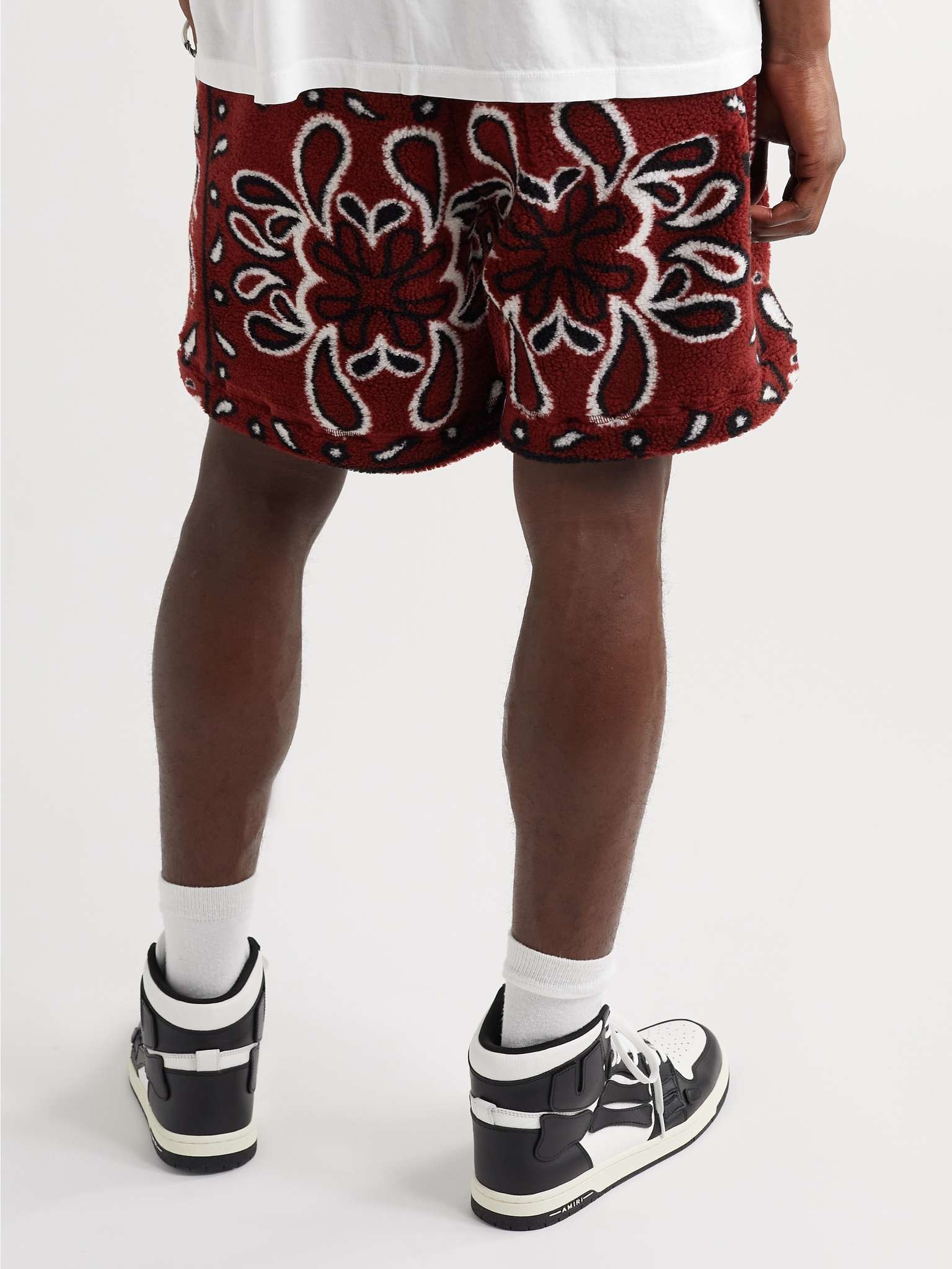 Wide-Leg Leather-Trimmed Bandana-Print Fleece Drawstring Shorts - 4