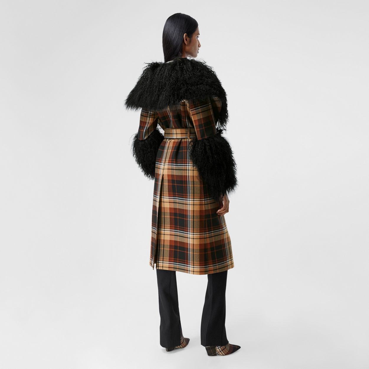 Shearling Trim Contrast Check Wool Trench Coat - 3