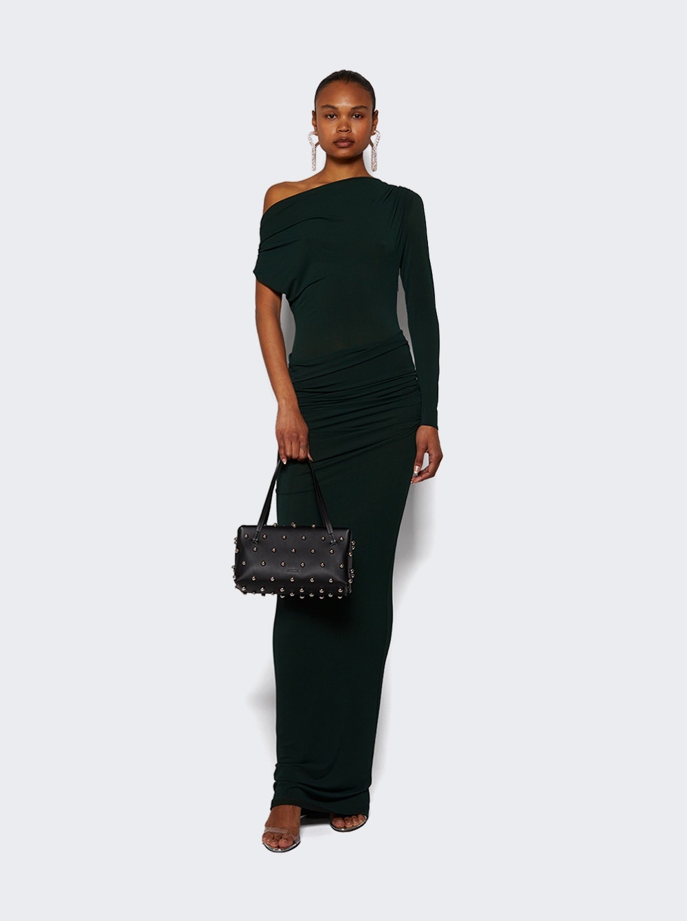 Asymmetric Drape Column Dress In Crepe Jersey Forest Green - 5