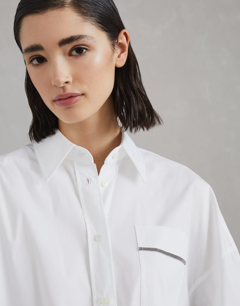 Stretch cotton poplin long shirt with shiny pocket detail 3