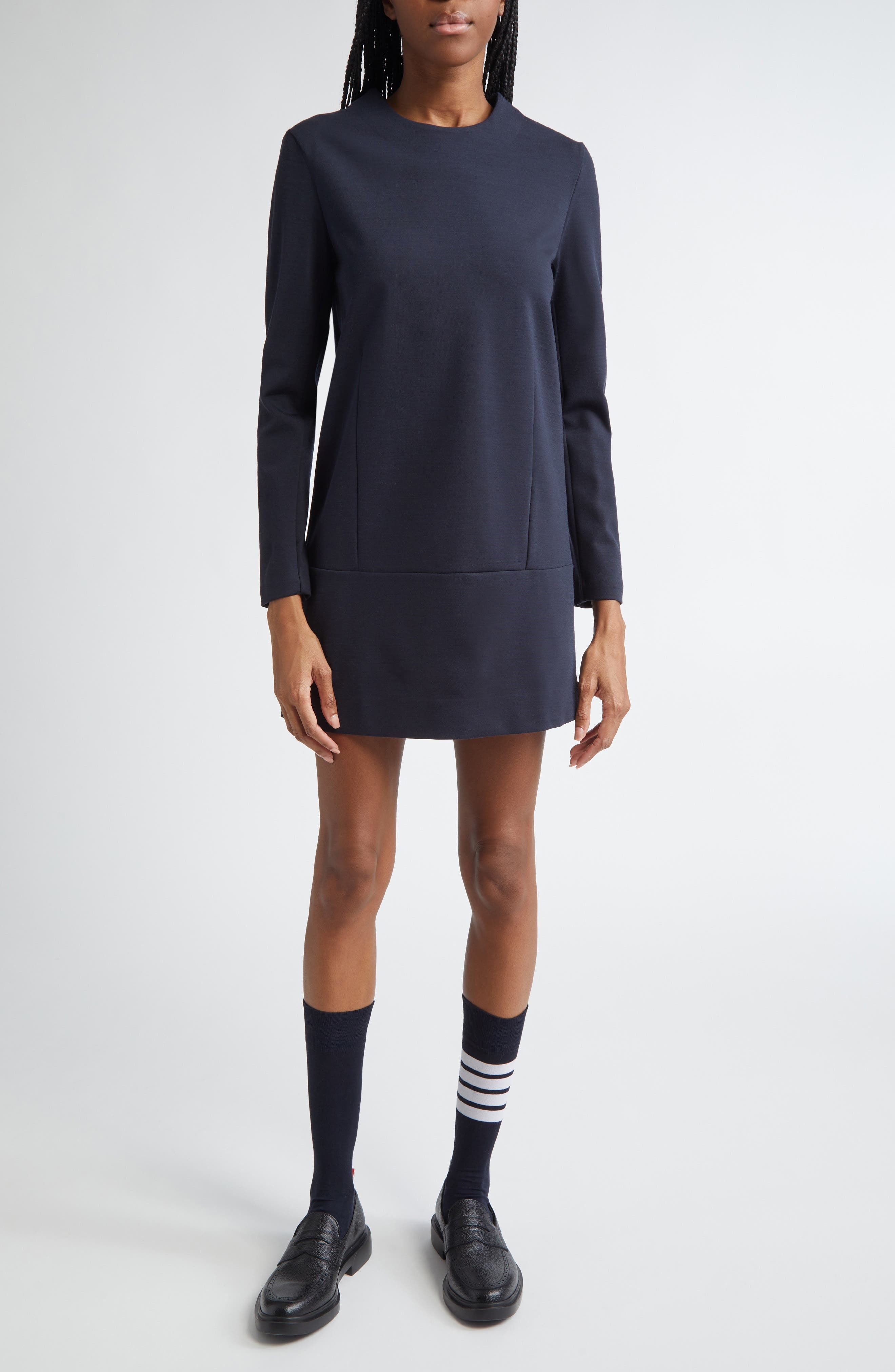 Thom Browne Long Sleeve Wool Blend Shift Dress in Navy at Nordstrom - 1