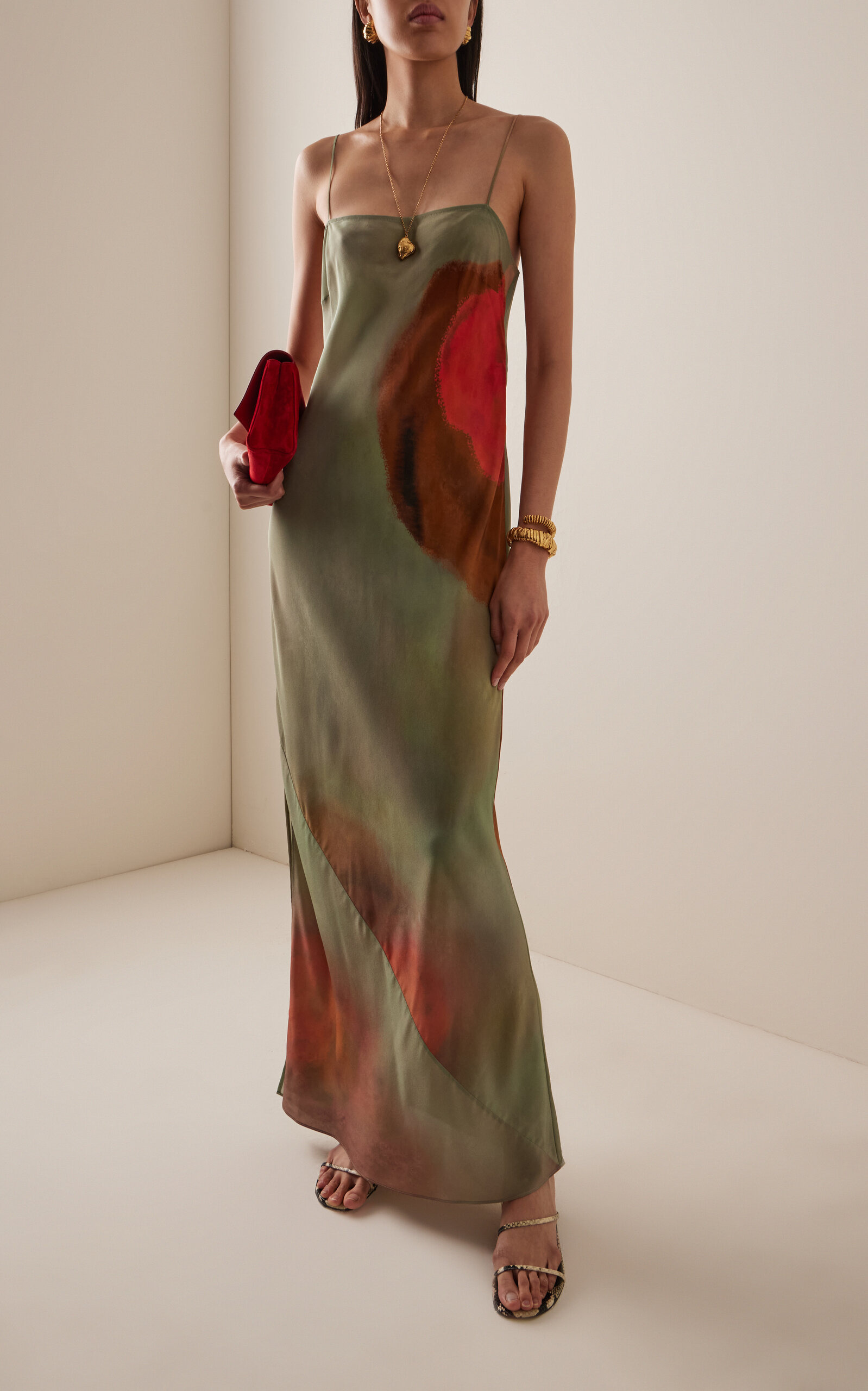 Calle Printed Silk Maxi Slip Dress green - 3