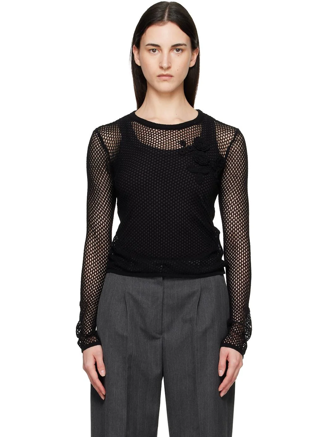 Black Mercerized Cotton Mesh Pointelle Longsleeve T-shirt - 1