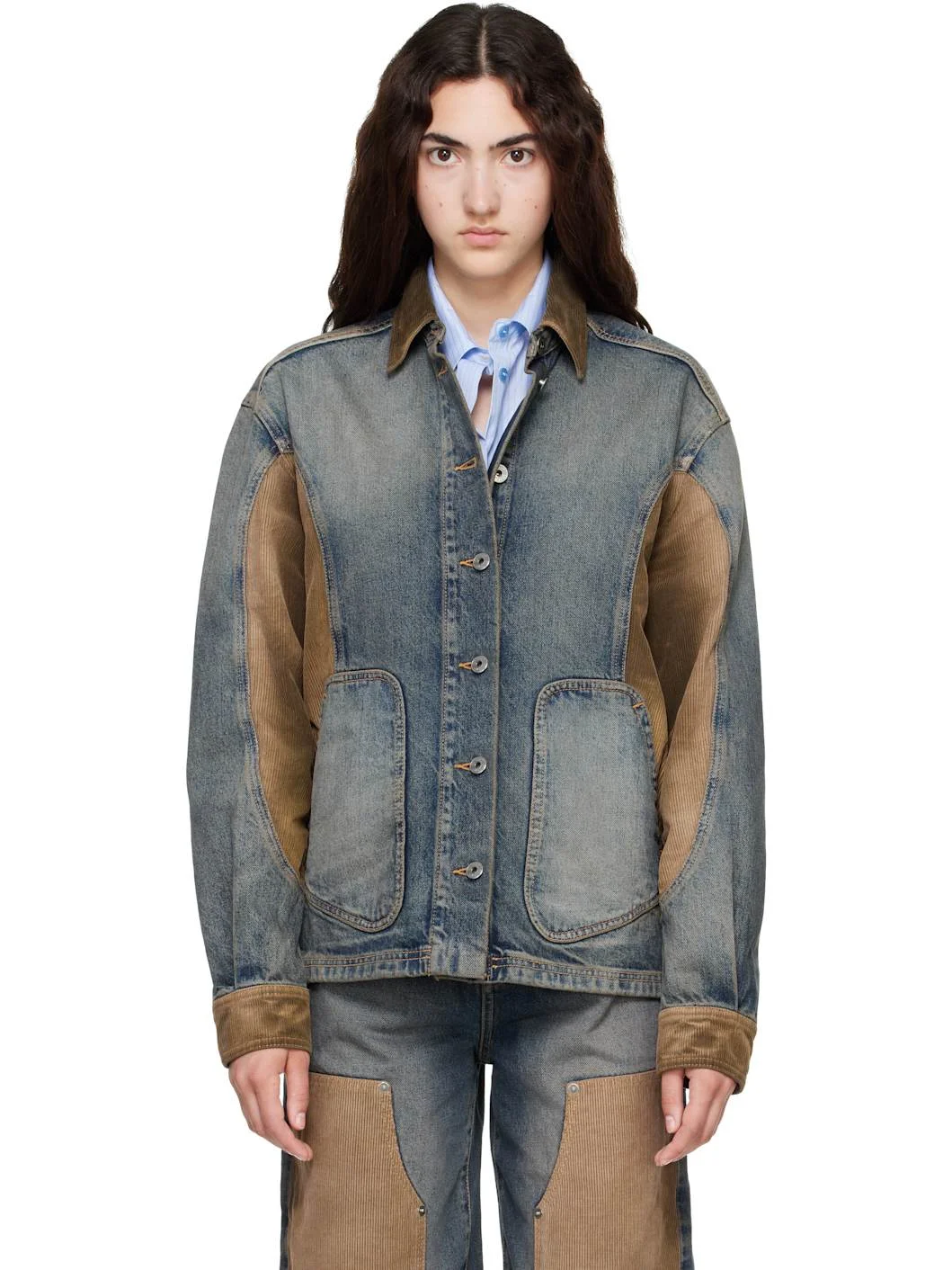 Navy & Brown Corduroy Patch Denim Jacket - 1