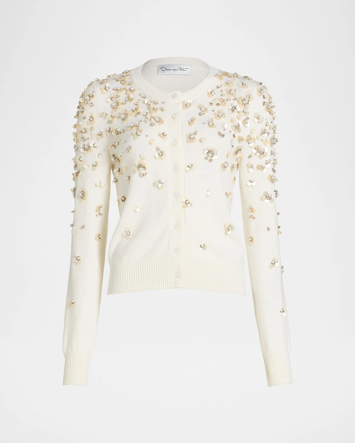 Pearly Embroidered Wool Crewneck Cardigan - 1