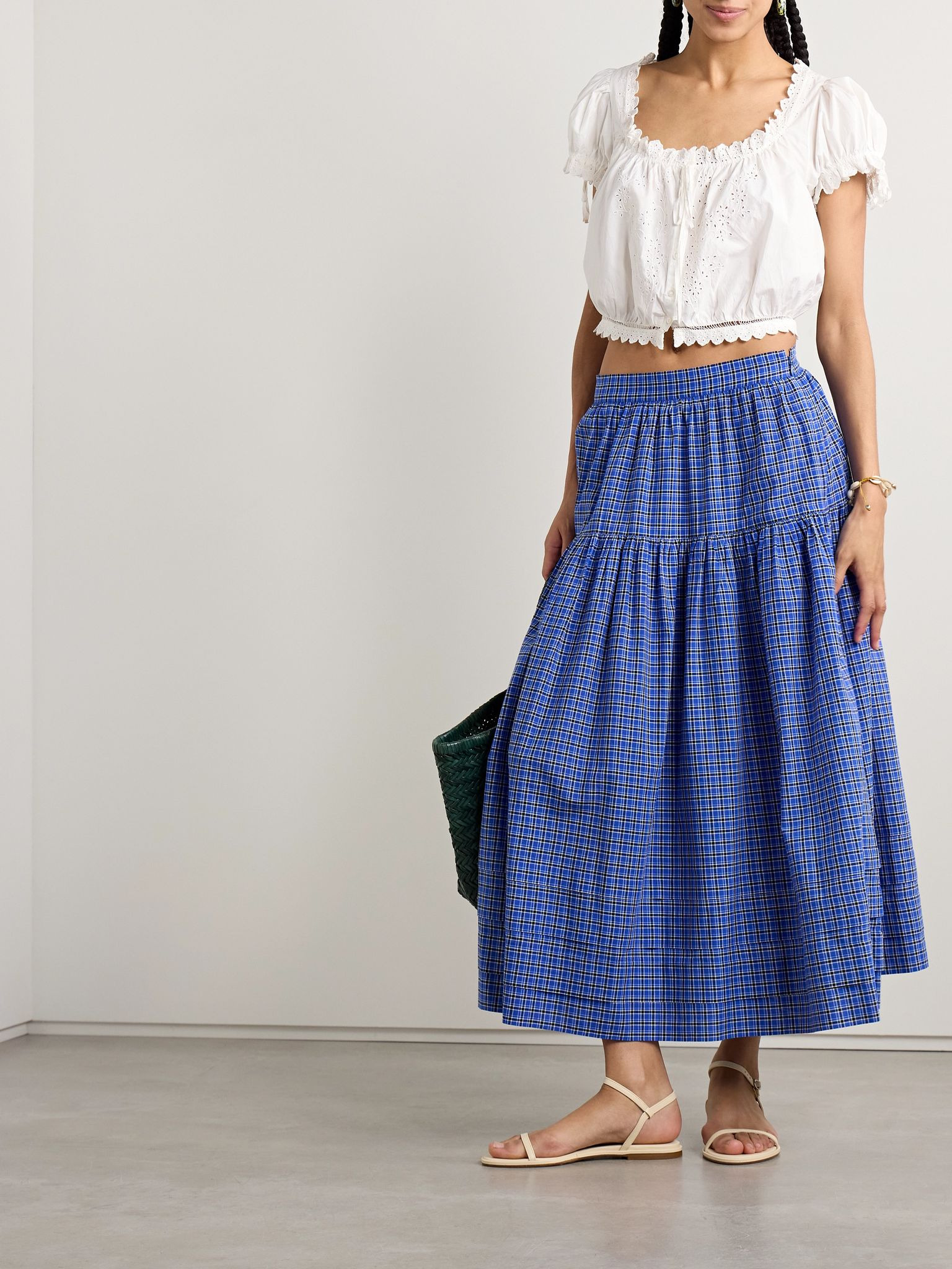 Sebastiane tiered checked voile midi skirt Blue - 2